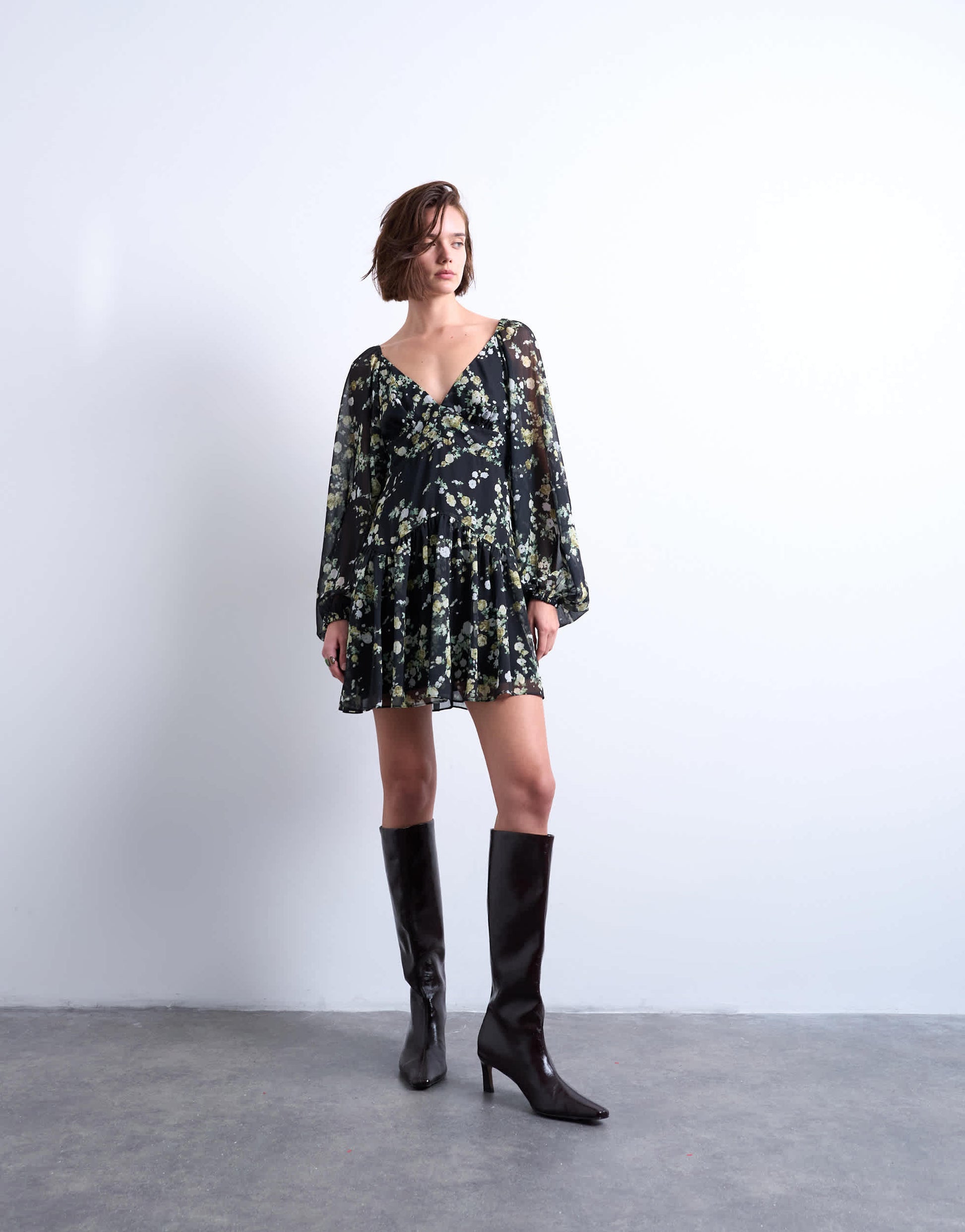 Topshop blouson sleeve mini tea dress in grungy floral