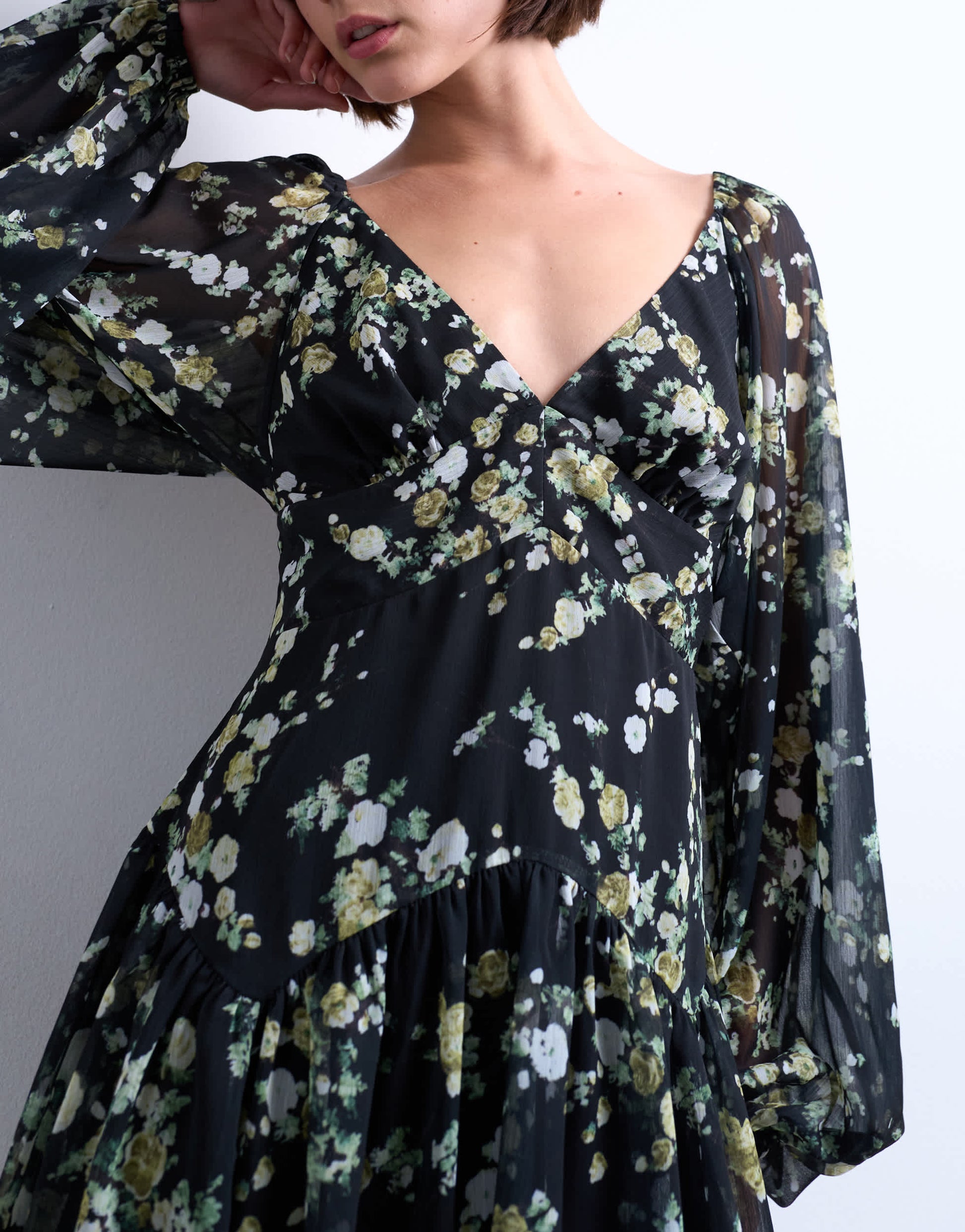 Topshop blouson sleeve mini tea dress in grungy floral