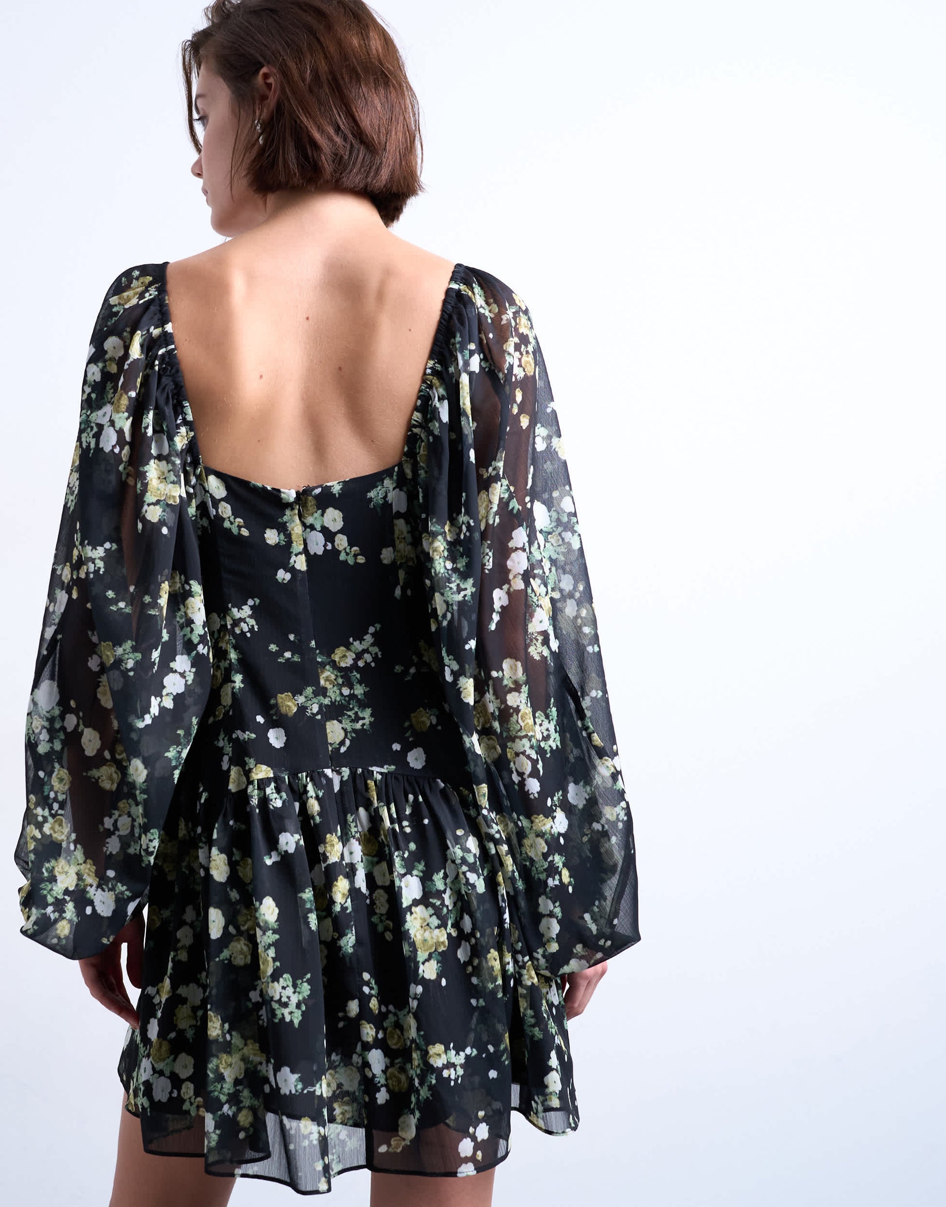 Topshop blouson sleeve mini tea dress in grungy floral