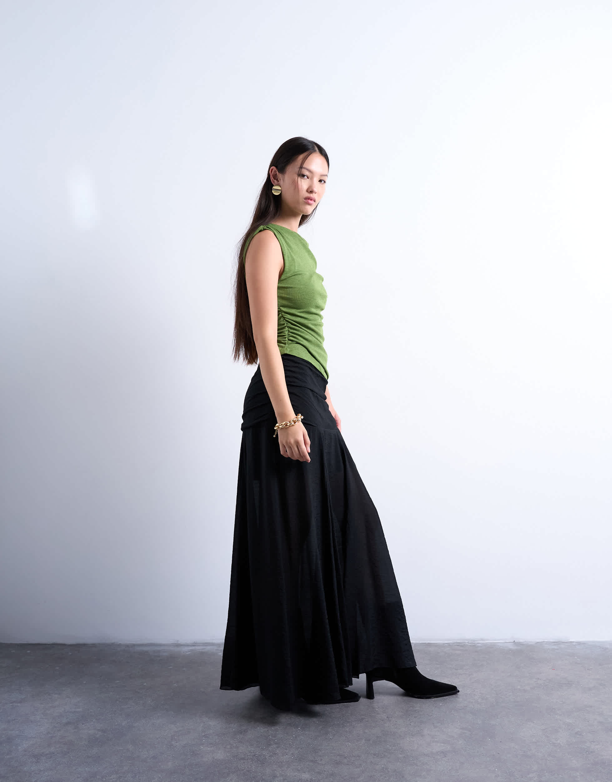 Topshop dropped waist draped fabric maxi skirt in black