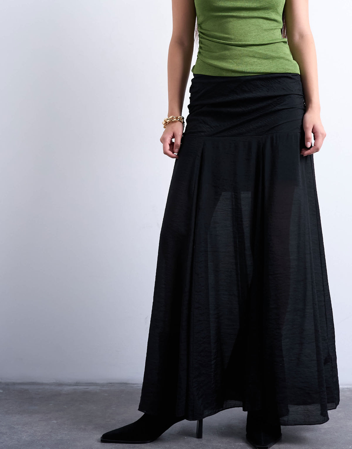 Topshop dropped waist draped fabric maxi skirt in black
