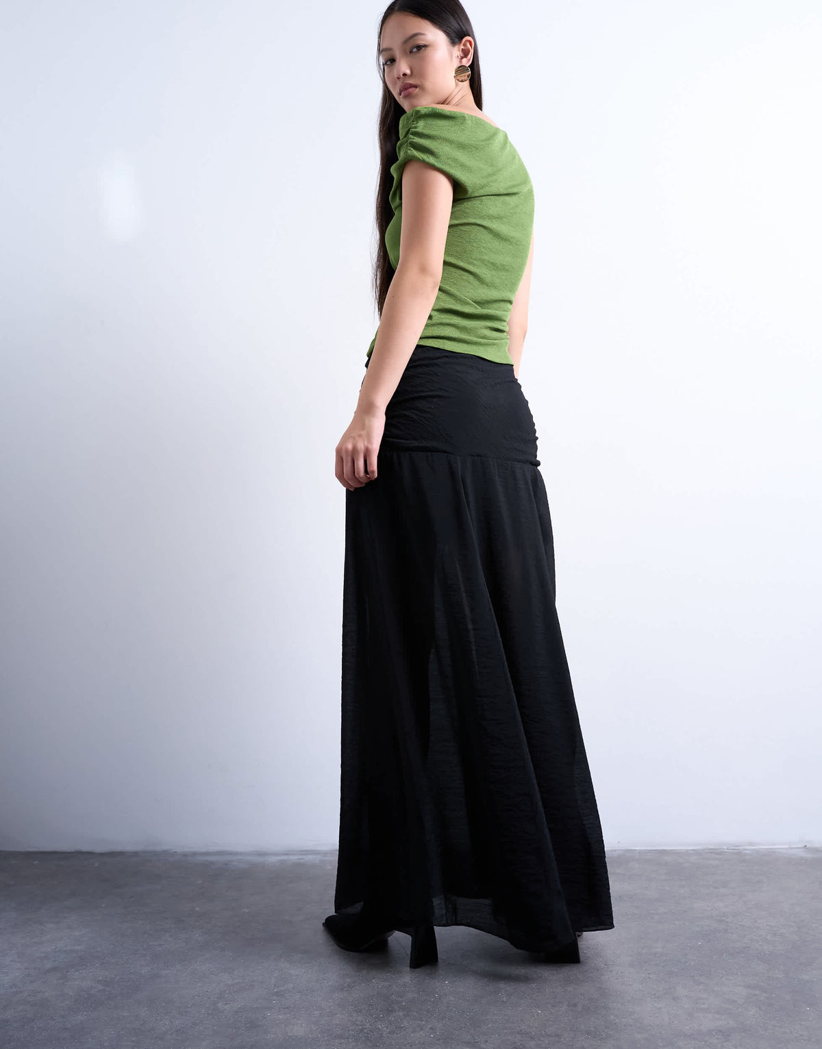 Topshop dropped waist draped fabric maxi skirt in black