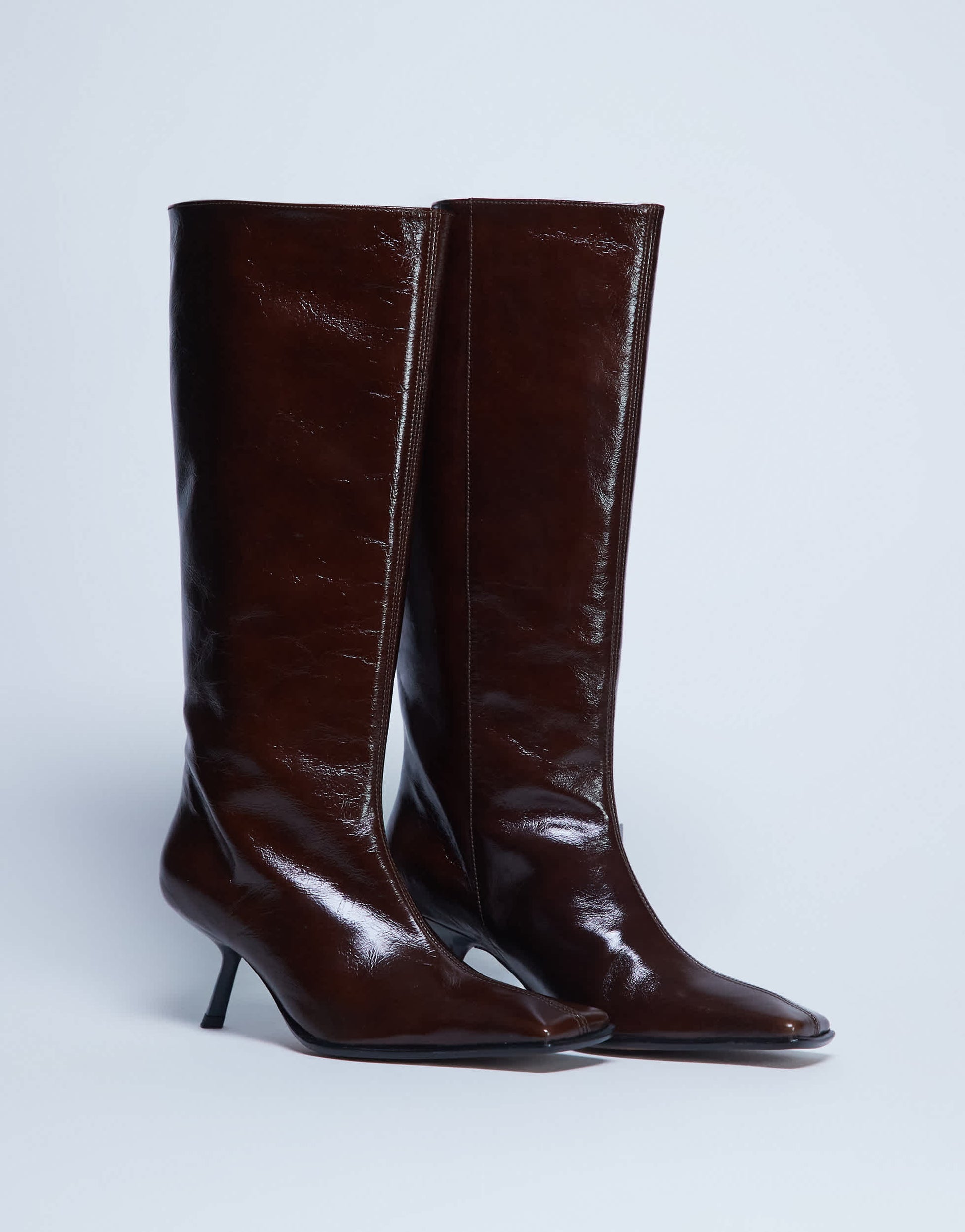 Topshop Scarlett Premium leather square toe knee high boot in chocolate