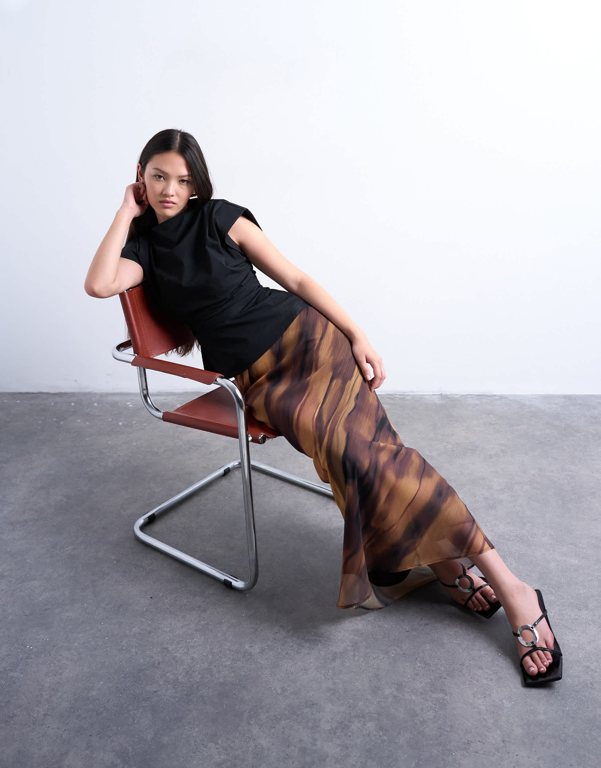 Topshop chiffon midi skirt in woodgrain