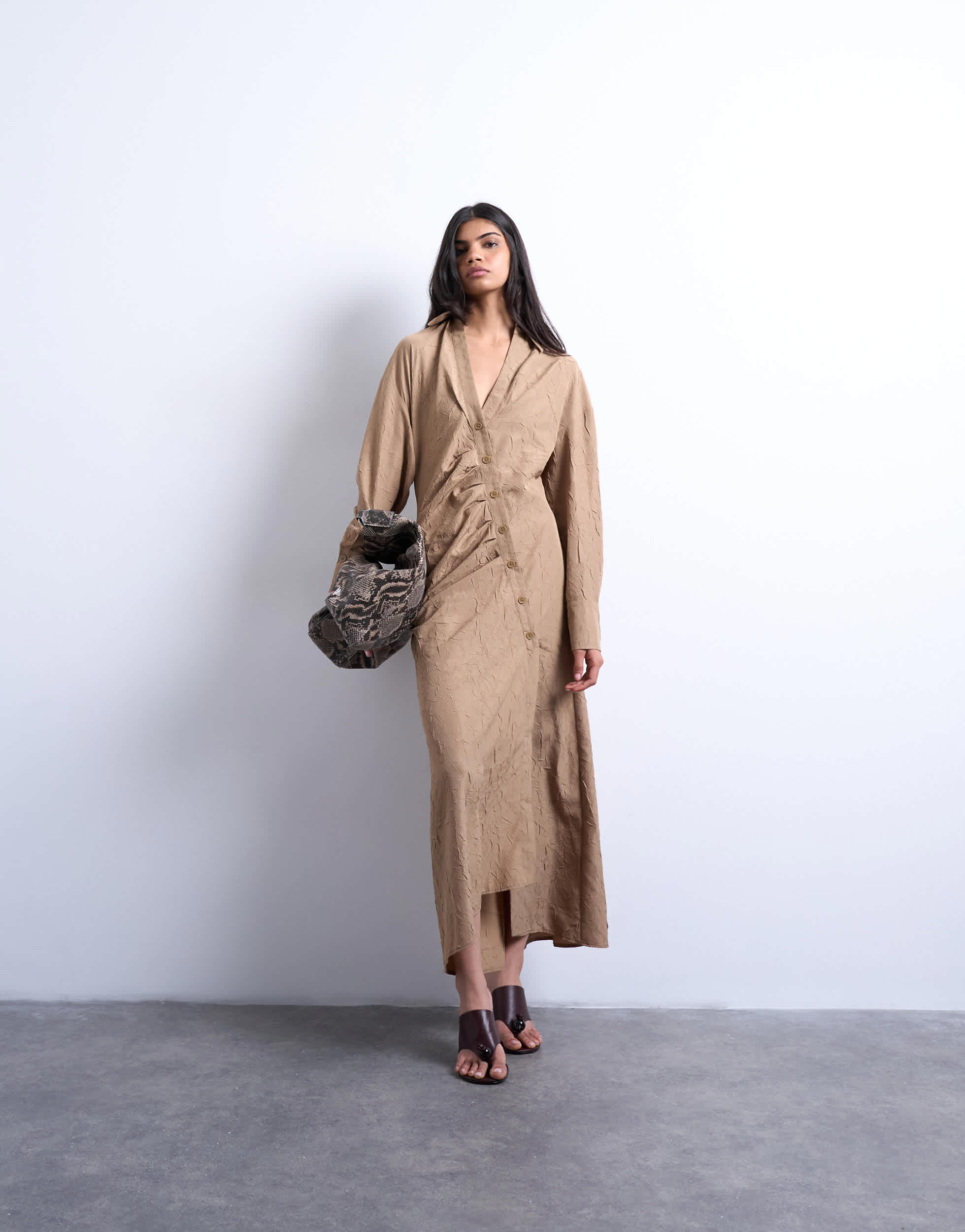 Topshop open collar ruched long sleeve midi shirt dress in taupe
