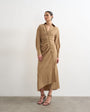 Topshop open collar ruched long sleeve midi shirt dress in taupe