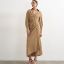Topshop open collar ruched long sleeve midi shirt dress in taupe