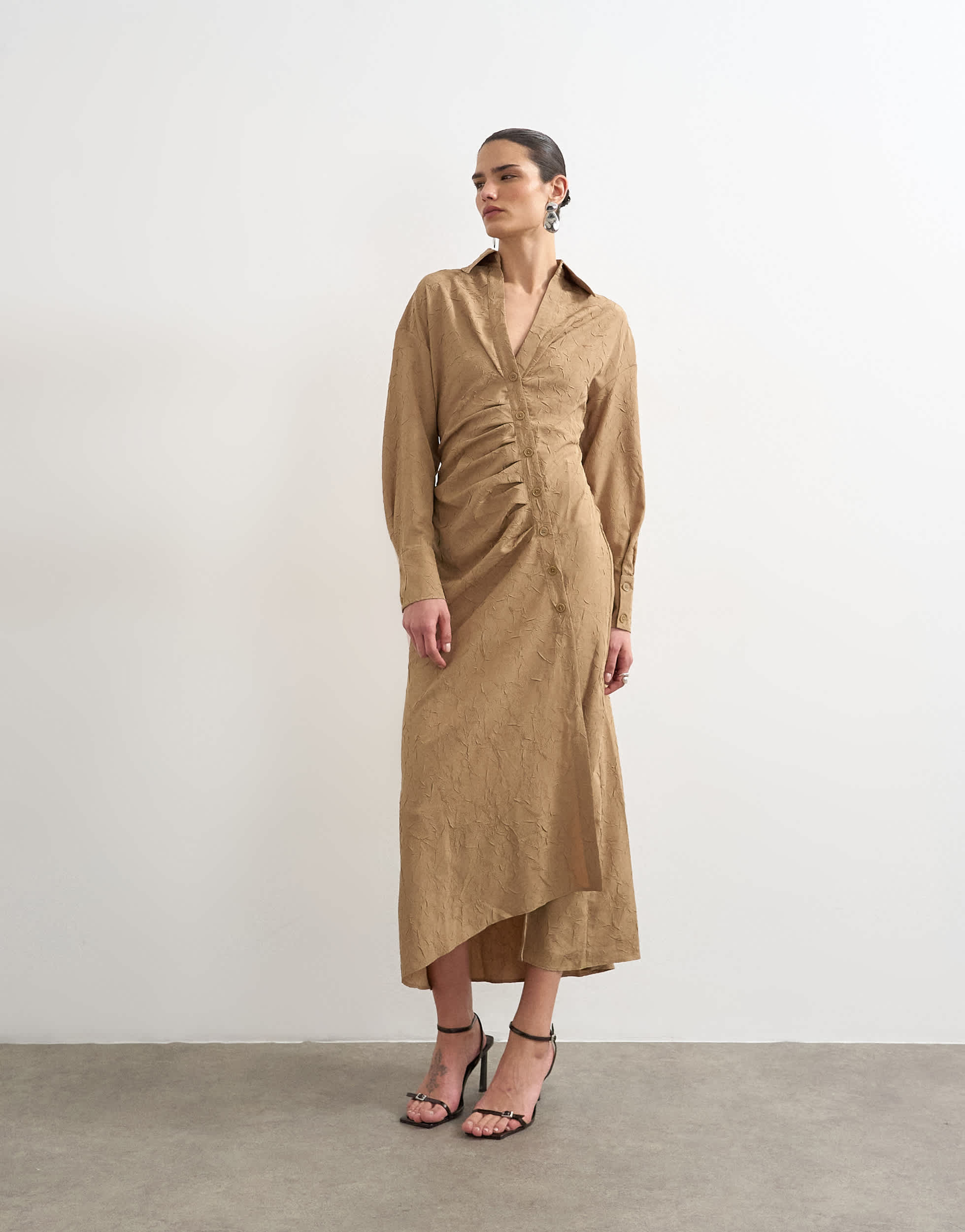 Topshop open collar ruched long sleeve midi shirt dress in taupe