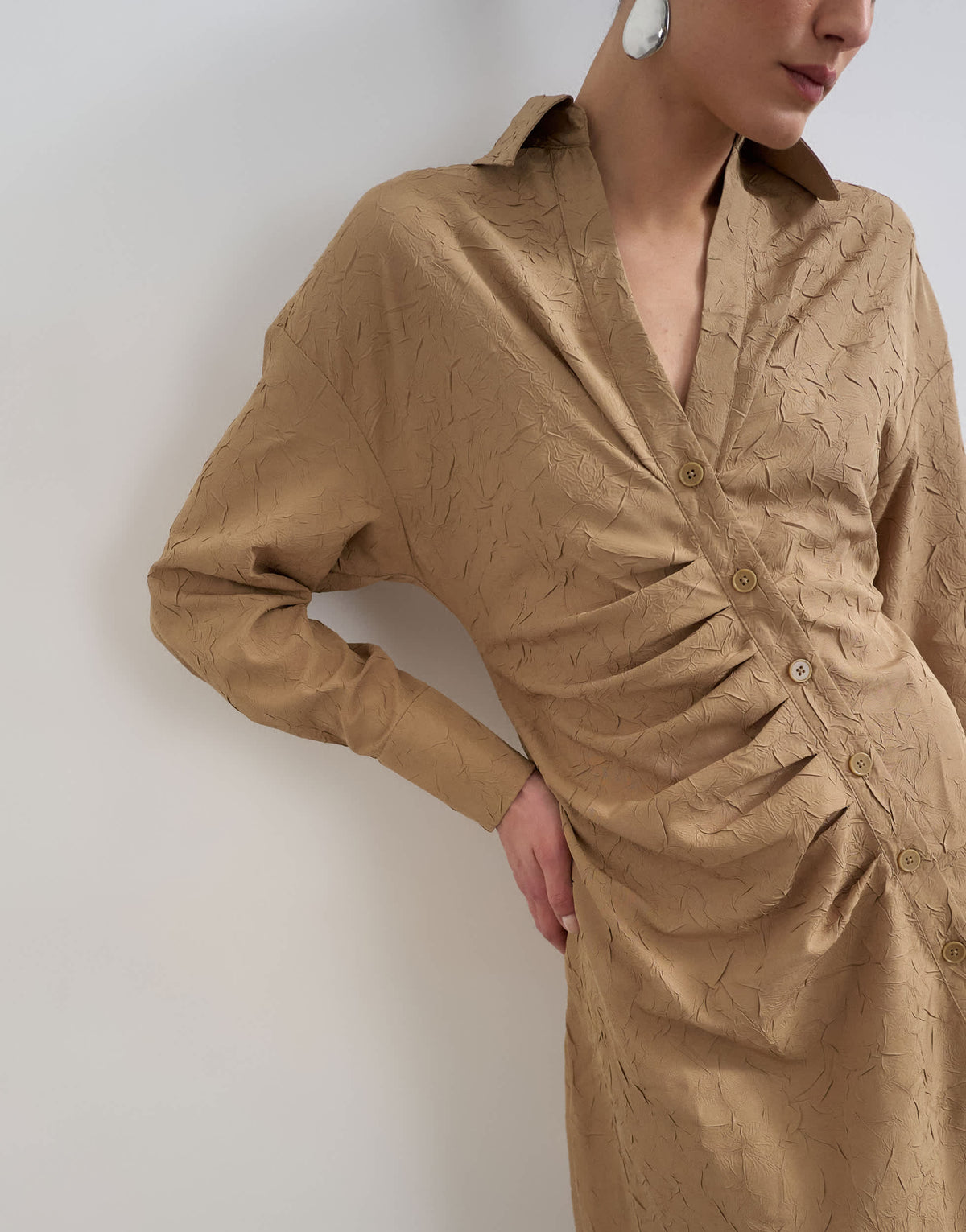 Topshop open collar ruched long sleeve midi shirt dress in taupe