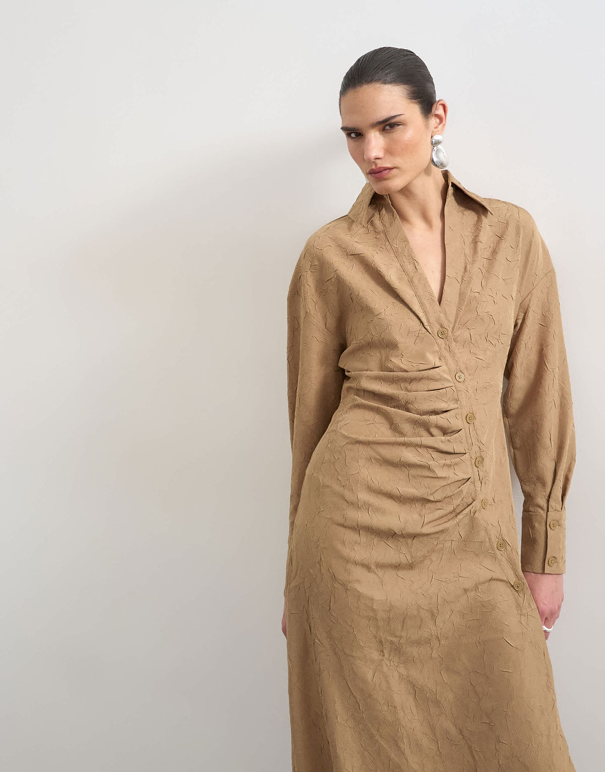 Topshop open collar ruched long sleeve midi shirt dress in taupe