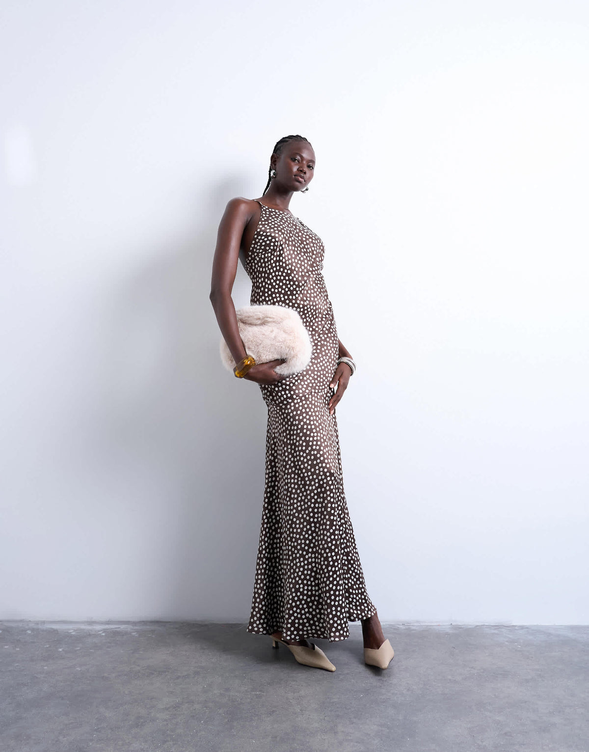 Topshop racer neck drop waist maxi dress in chocolate brown polka dot