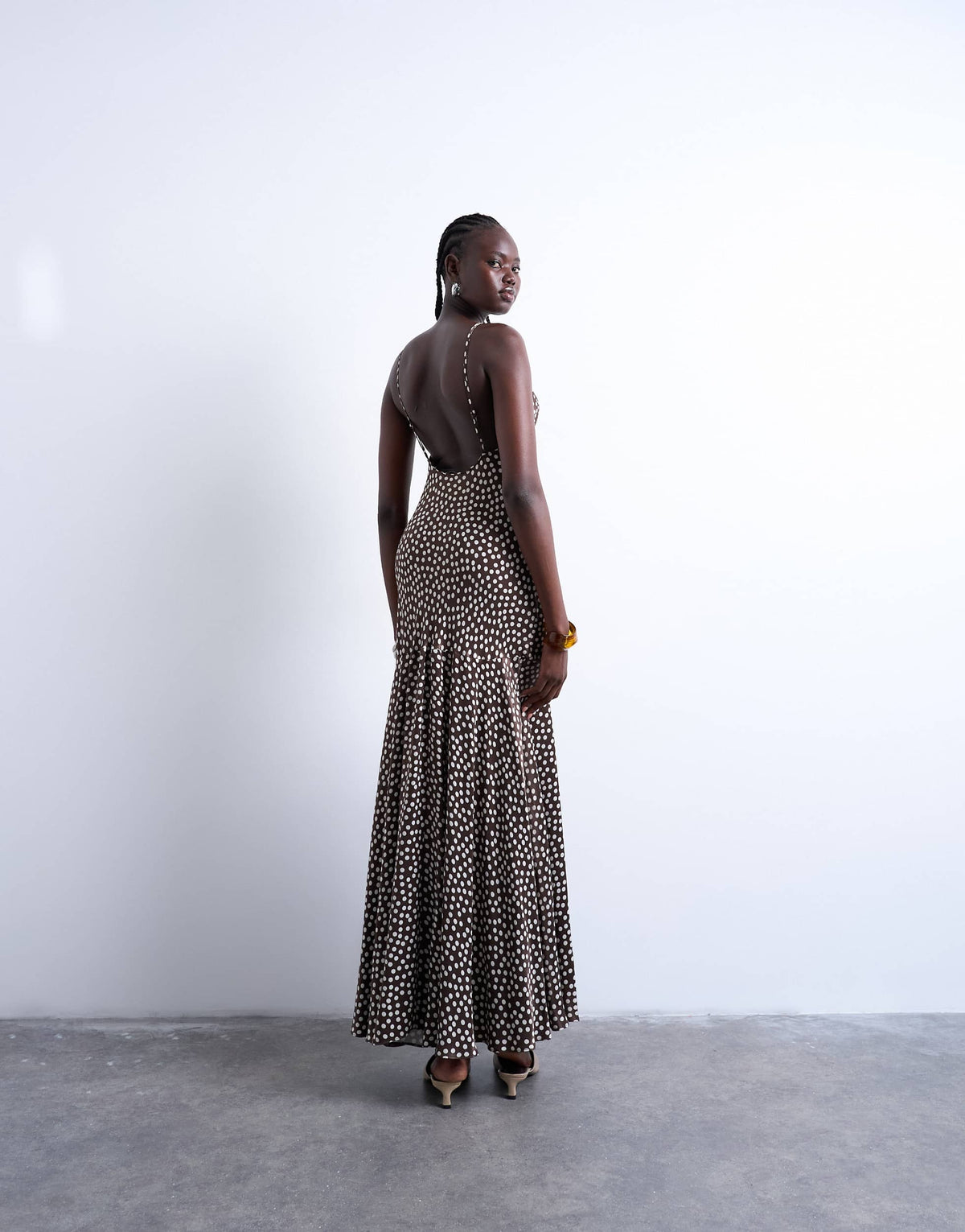Topshop racer neck drop waist maxi dress in chocolate brown polka dot