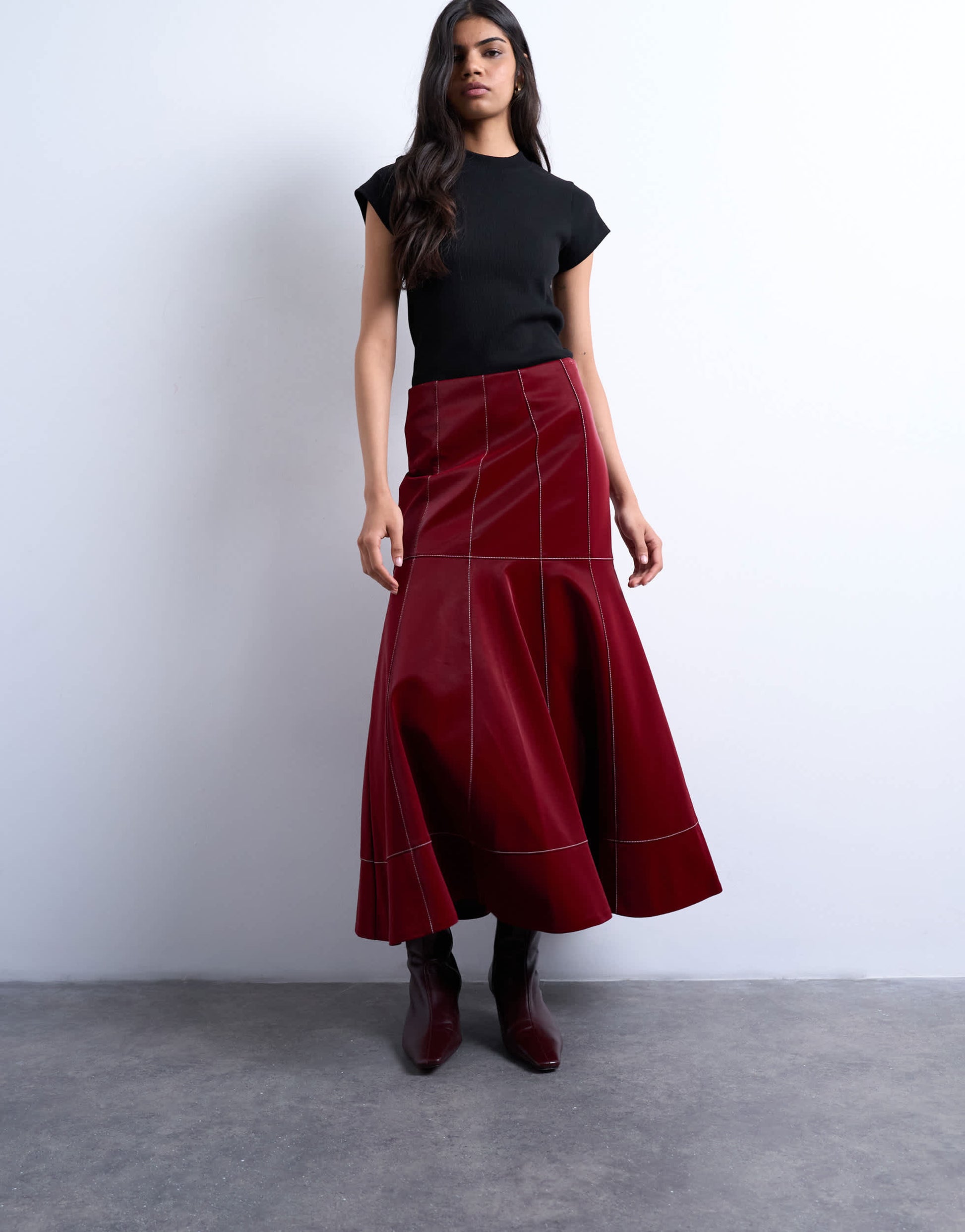 Topshop dropwaist contrast stitched PU maxi skirt in red