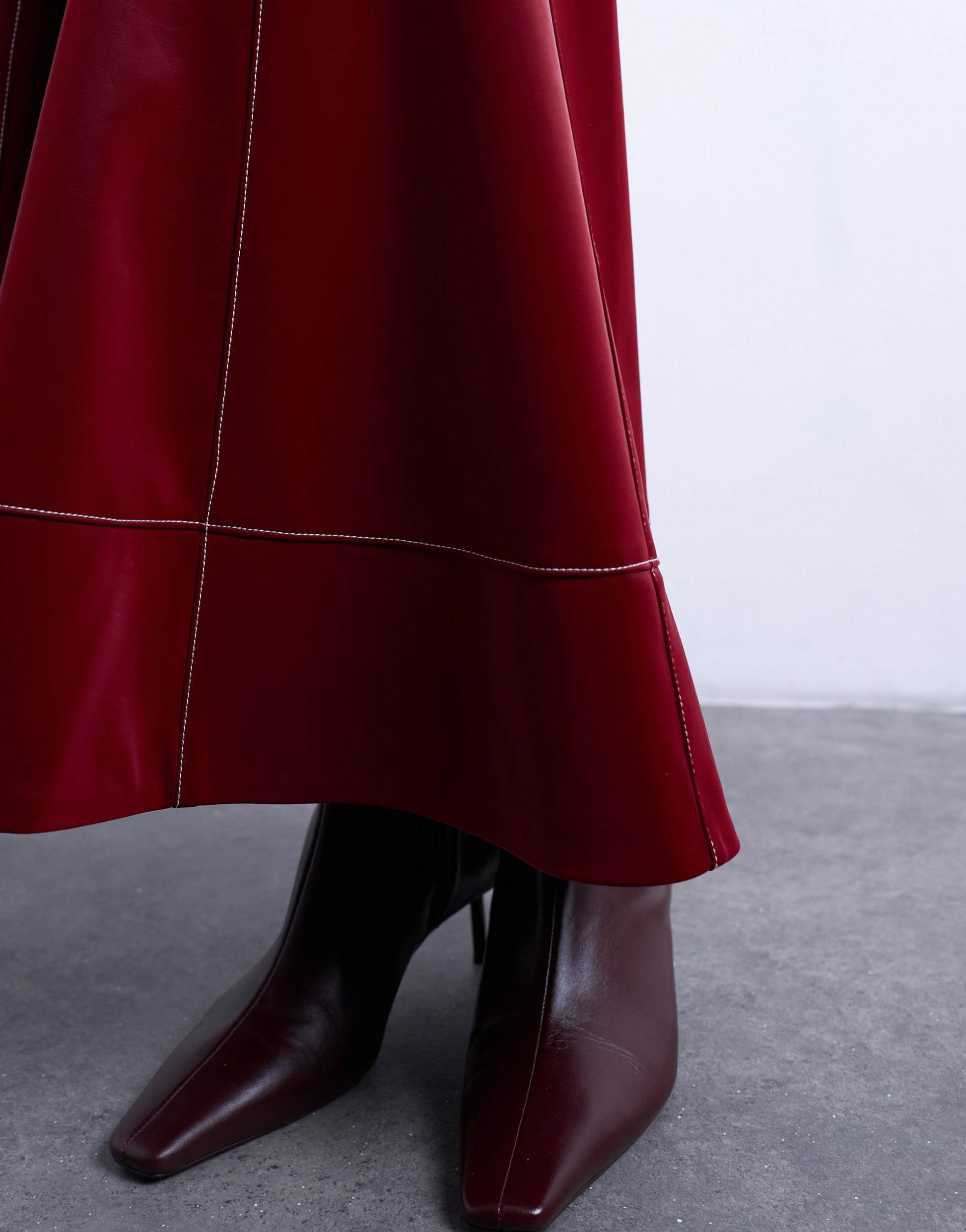 Topshop dropwaist contrast stitched PU maxi skirt in red