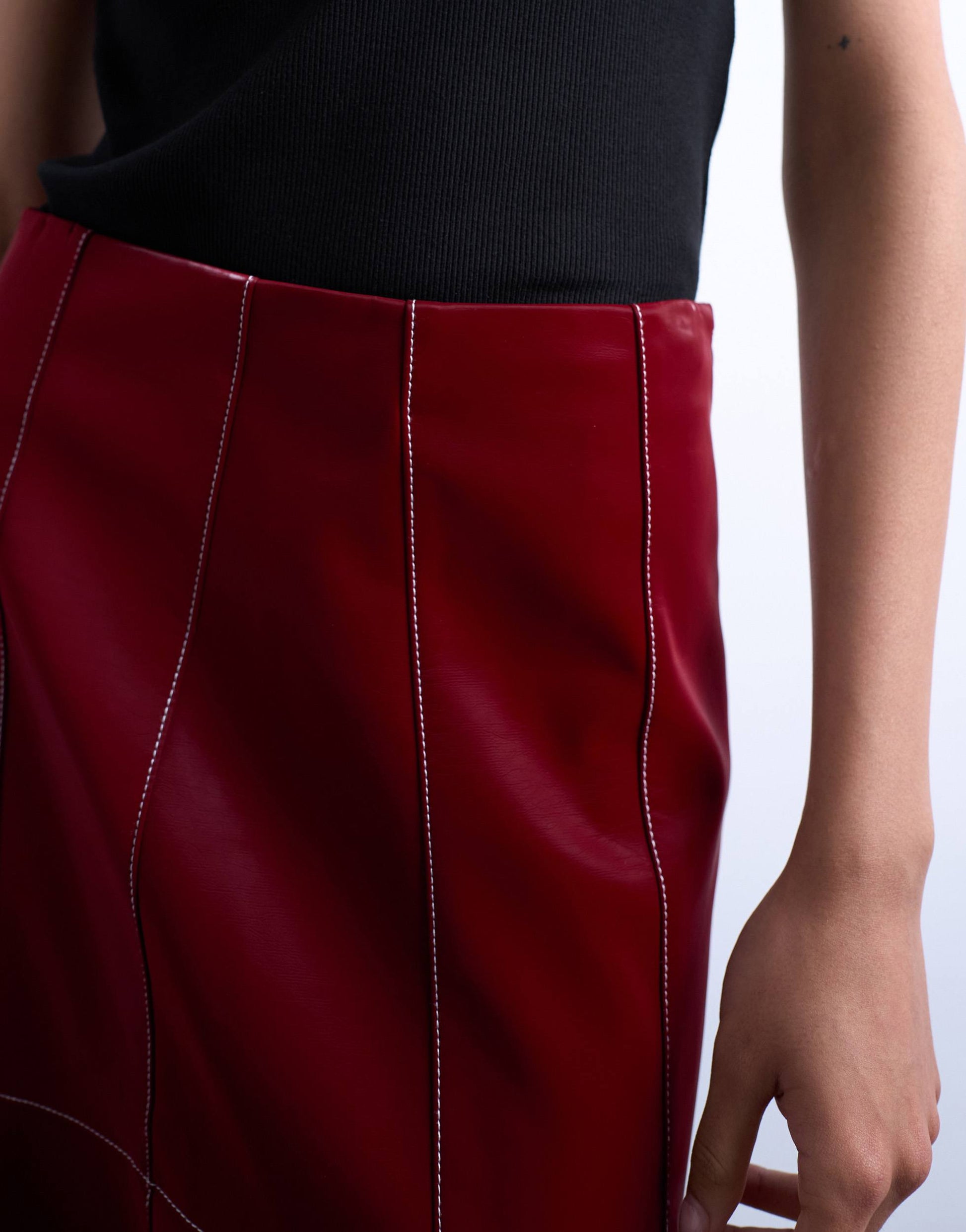 Topshop dropwaist contrast stitched PU maxi skirt in red