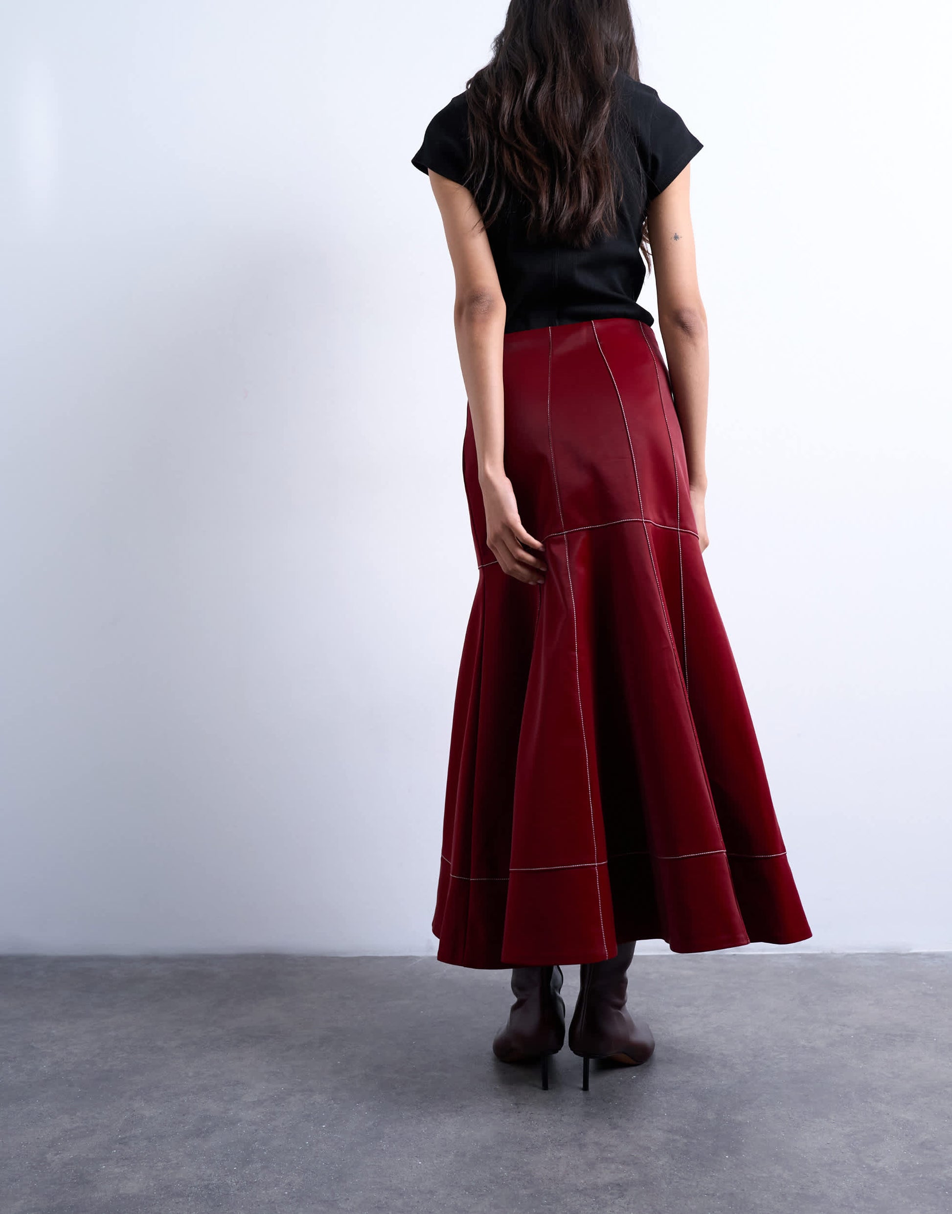 Topshop dropwaist contrast stitched PU maxi skirt in red