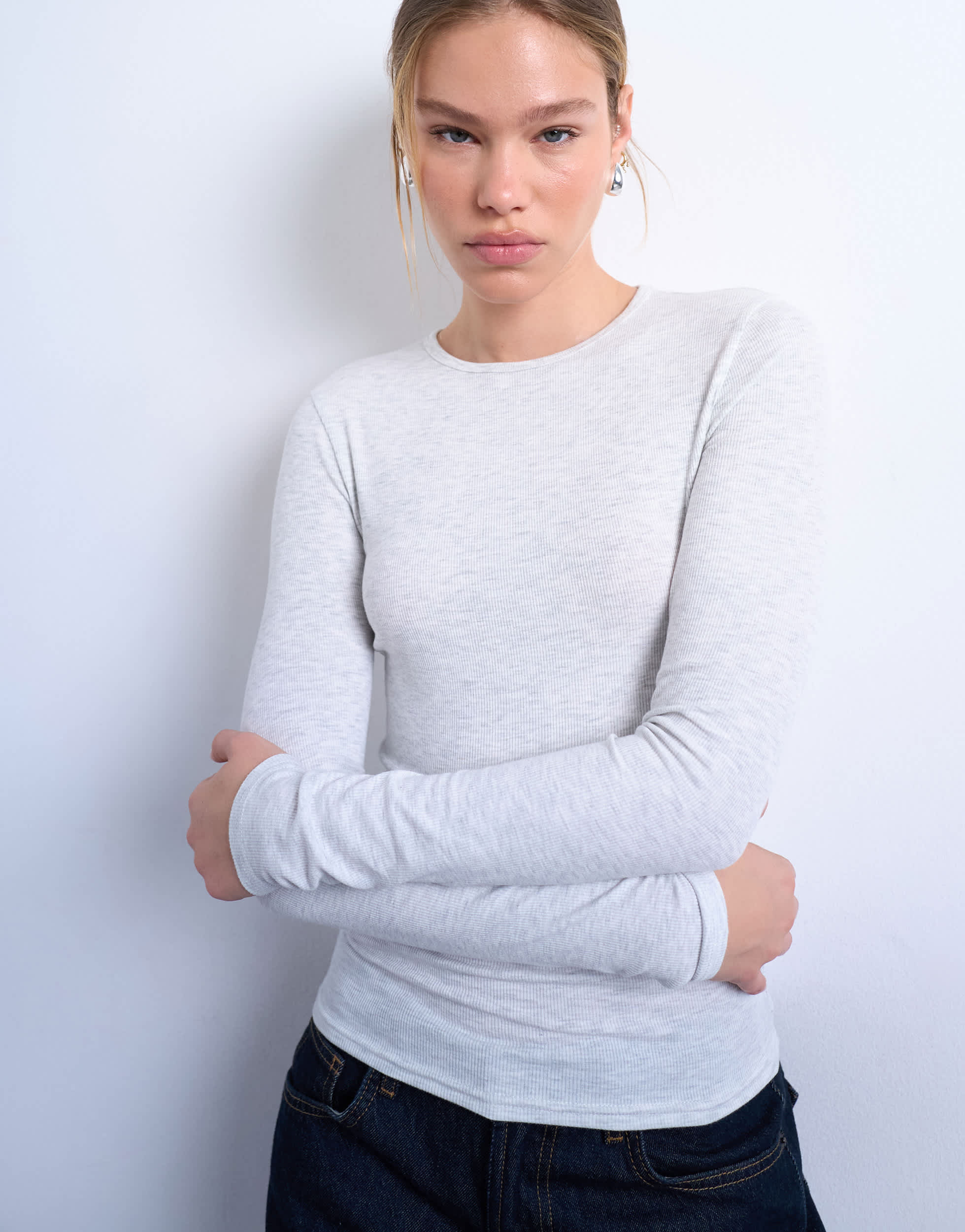 Topshop Premium Rippstrick-Langarmshirt in Graumeliert