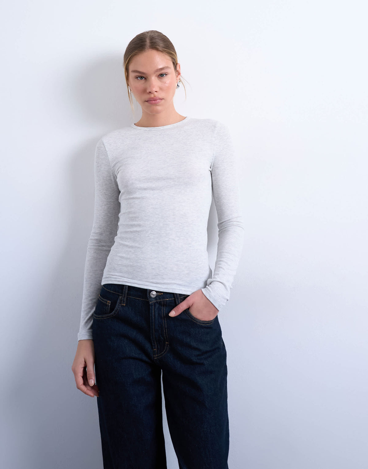 Topshop premium rib long sleeve top in grey marl