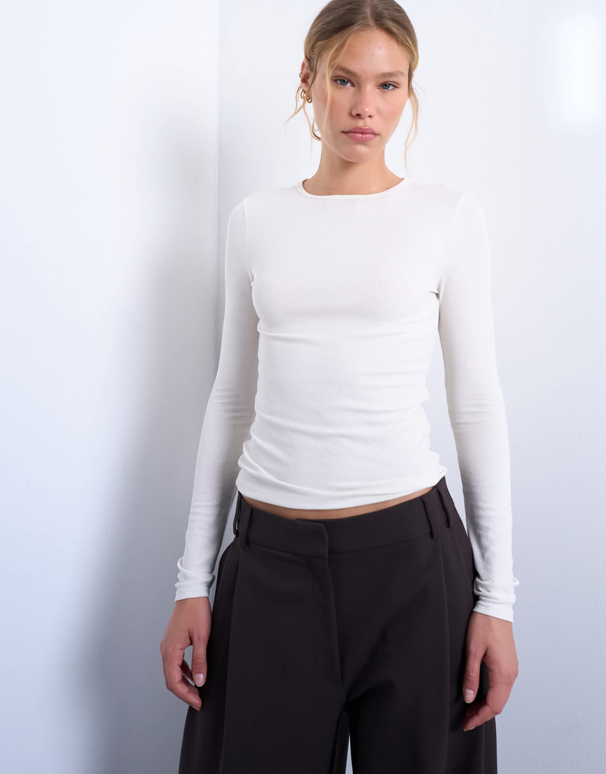 Topshop premium rib long sleeve top in ecru