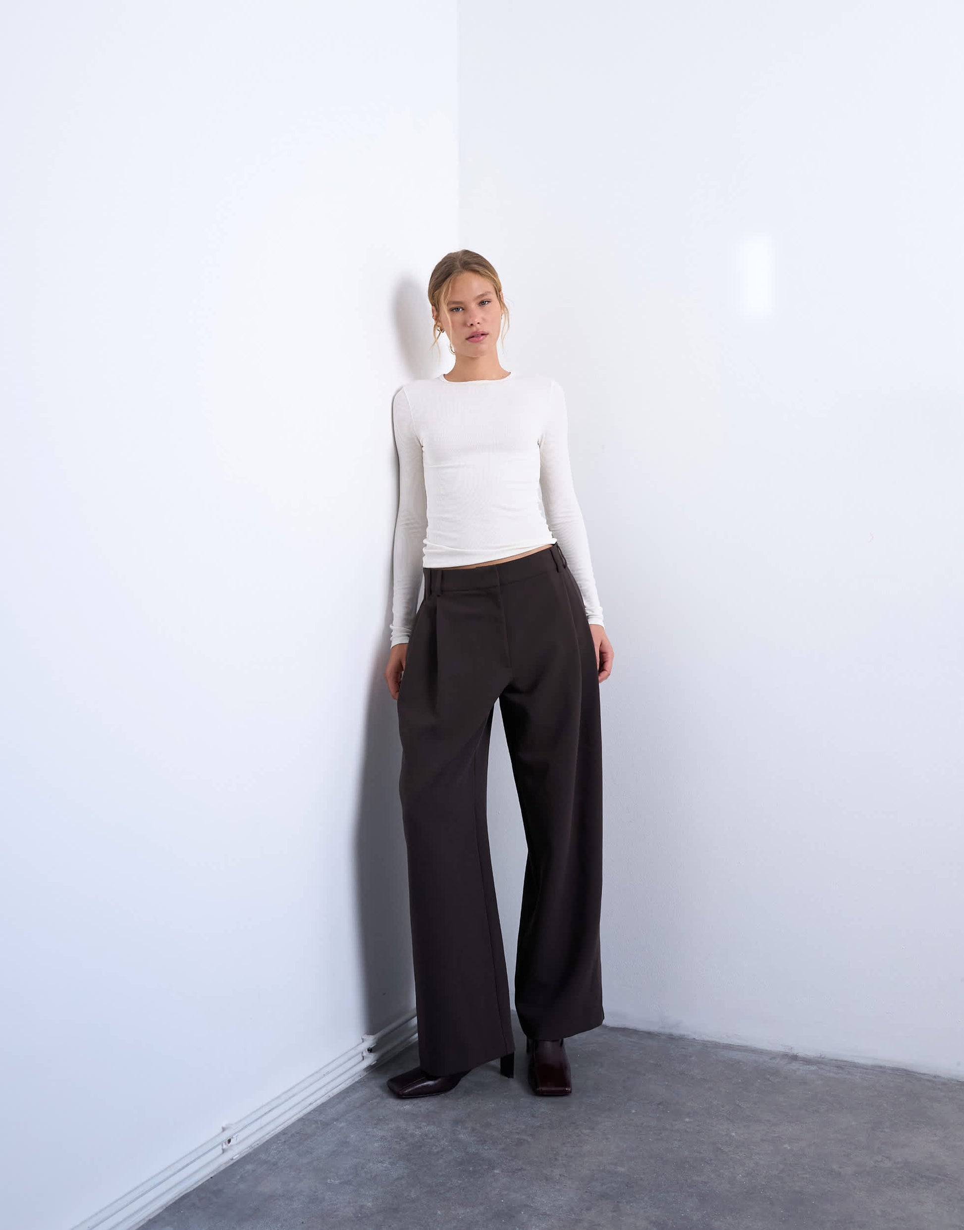 Topshop premium rib long sleeve top in ecru