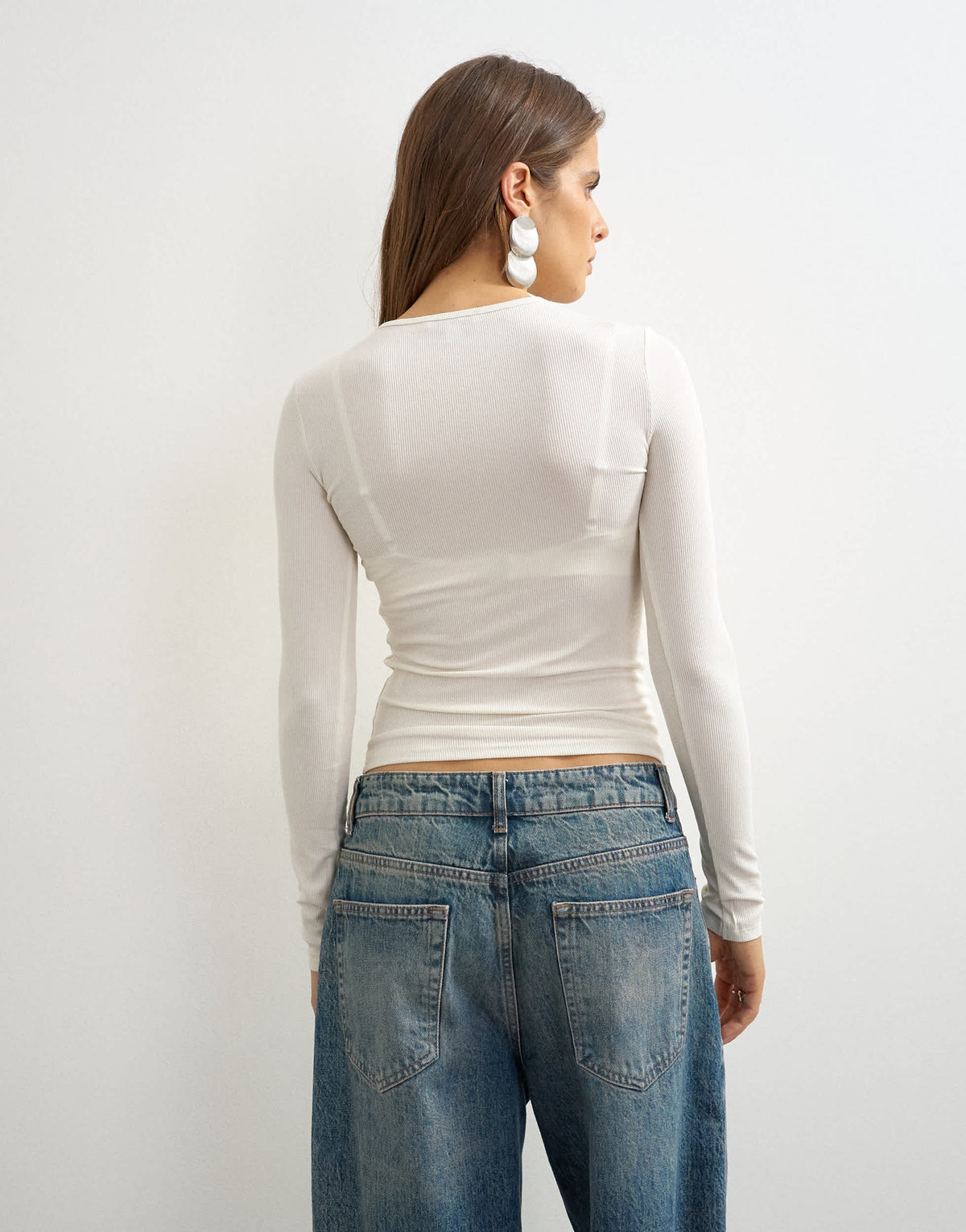 Topshop premium rib long sleeve top in ecru