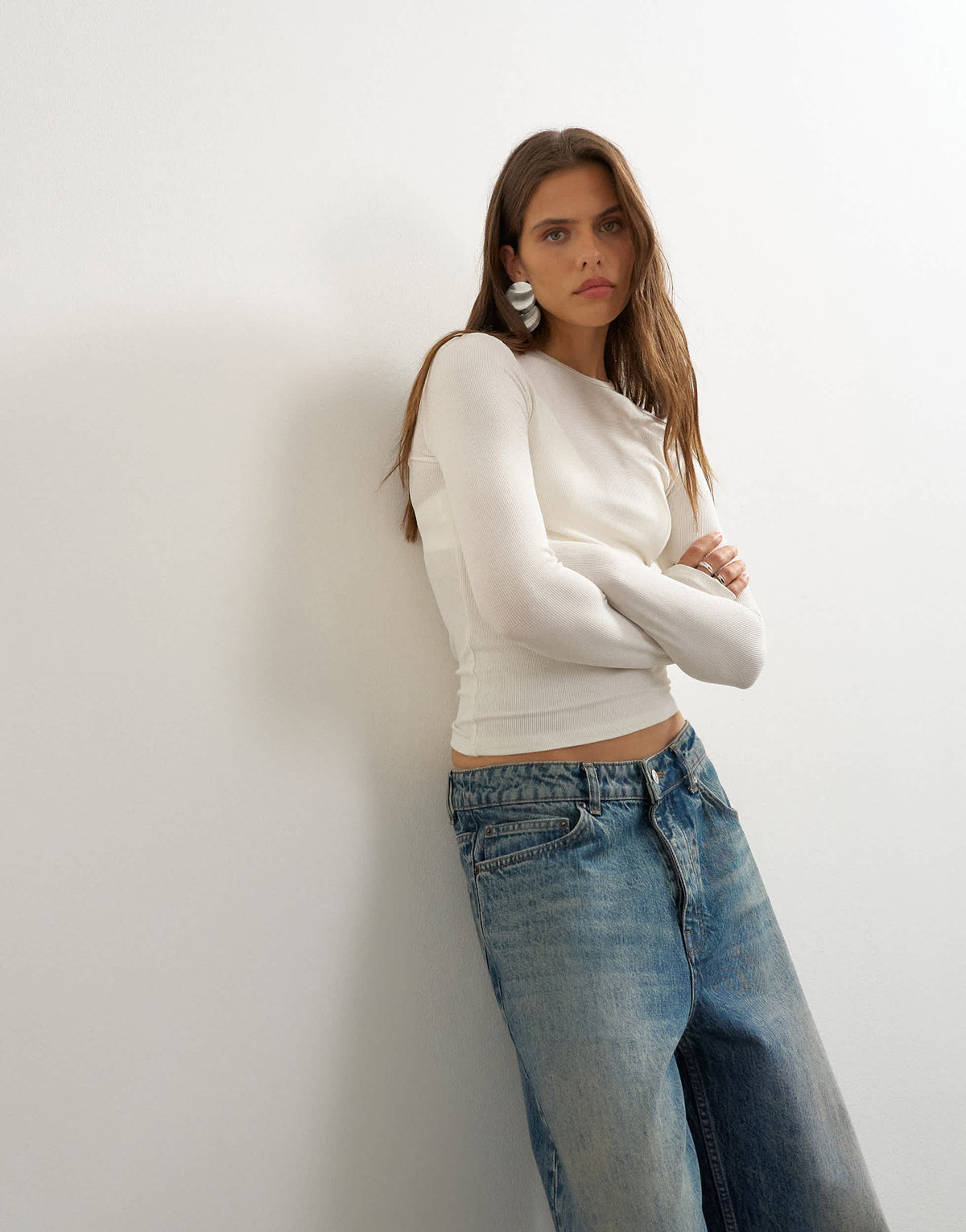 Topshop premium rib long sleeve top in ecru
