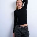 Topshop Premium-Rippstrick-Langarmshirt in Schwarz