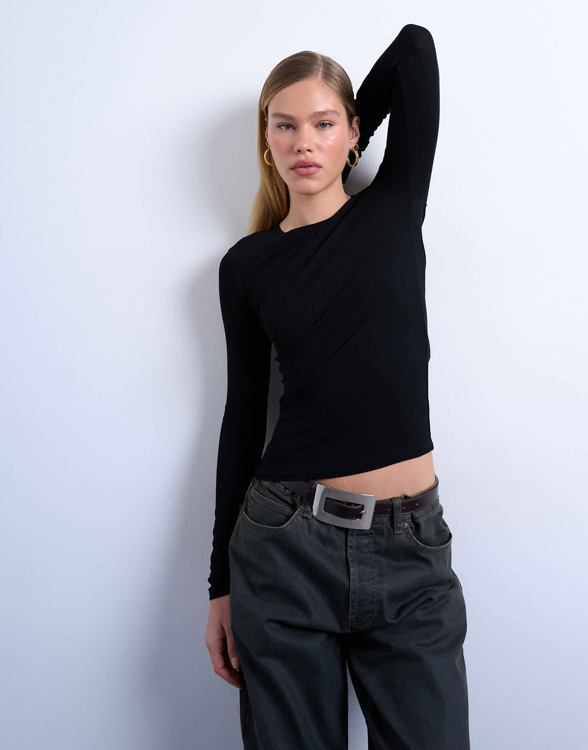 Topshop premium rib long sleeve top in black
