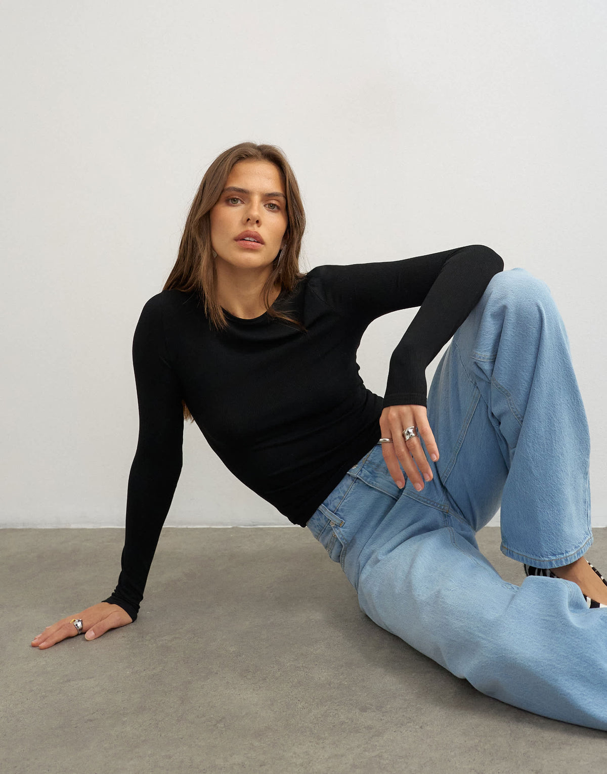 Topshop premium rib long sleeve top in black