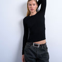 Topshop premium rib long sleeve top in black
