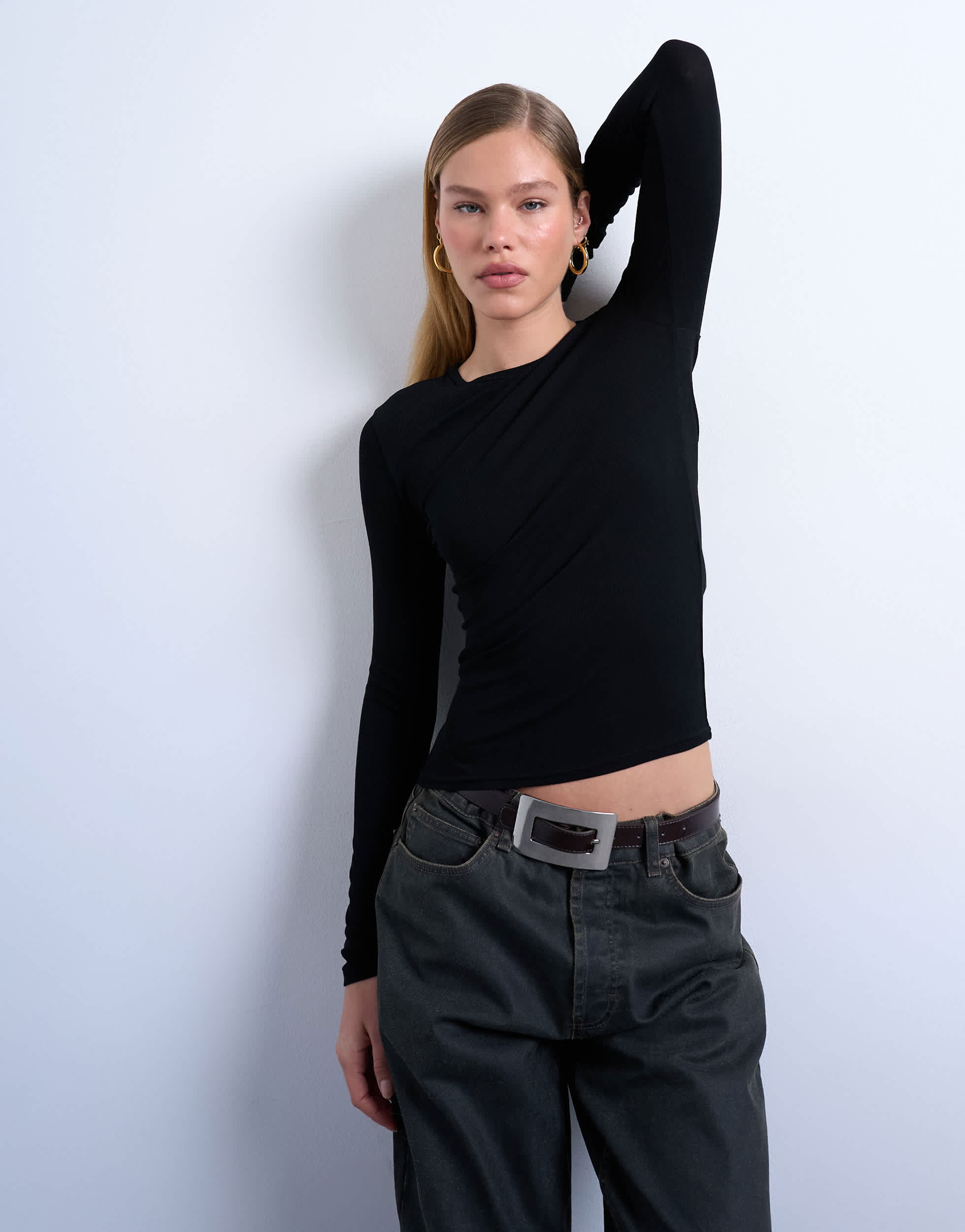 Topshop premium rib long sleeve top in black