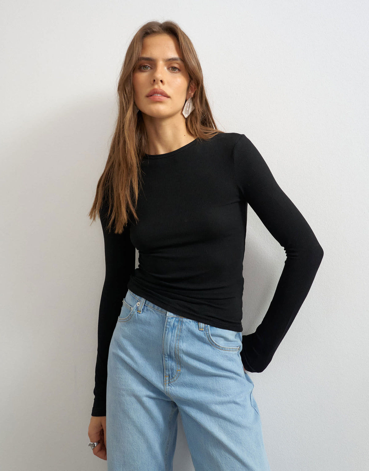 Topshop premium rib long sleeve top in black