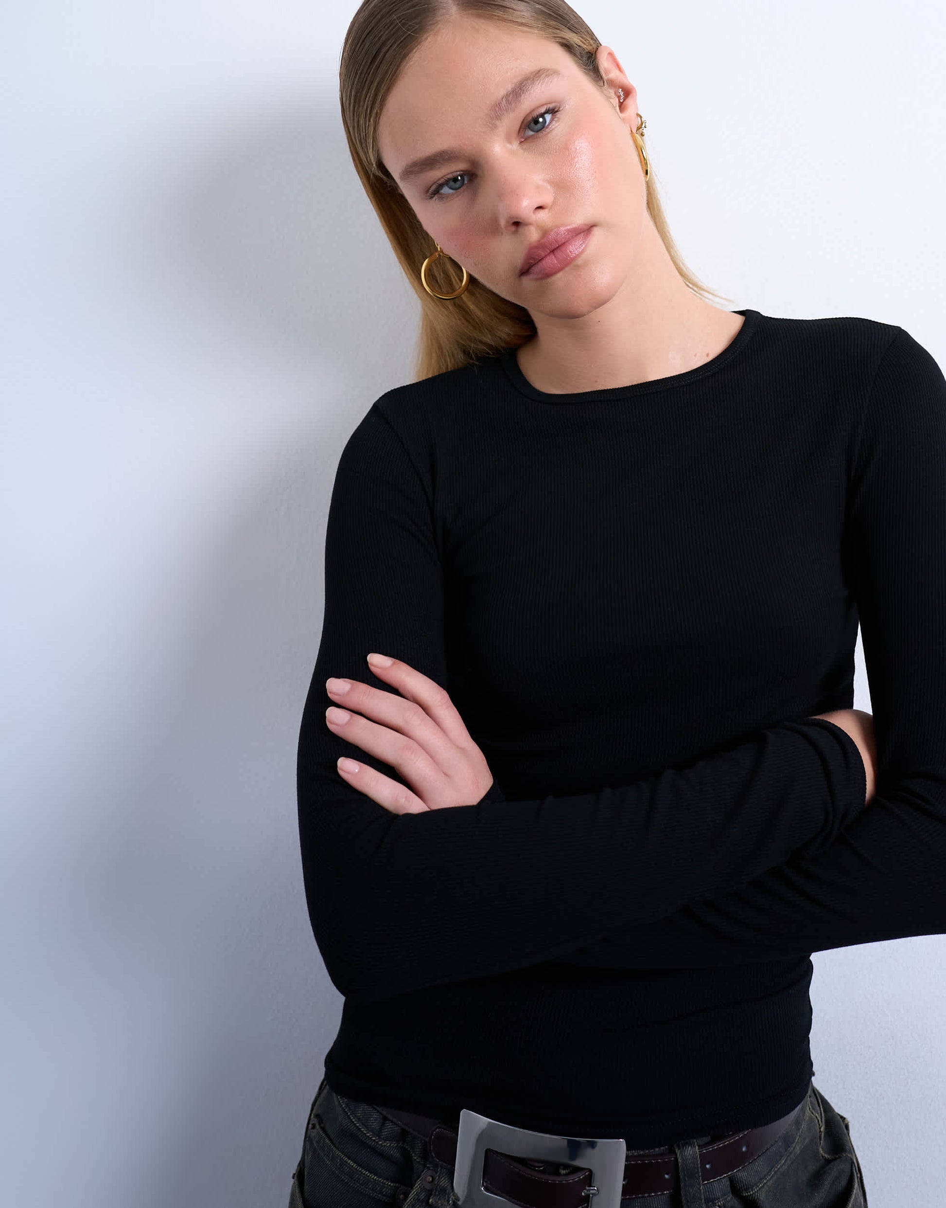 Topshop premium rib long sleeve top in black