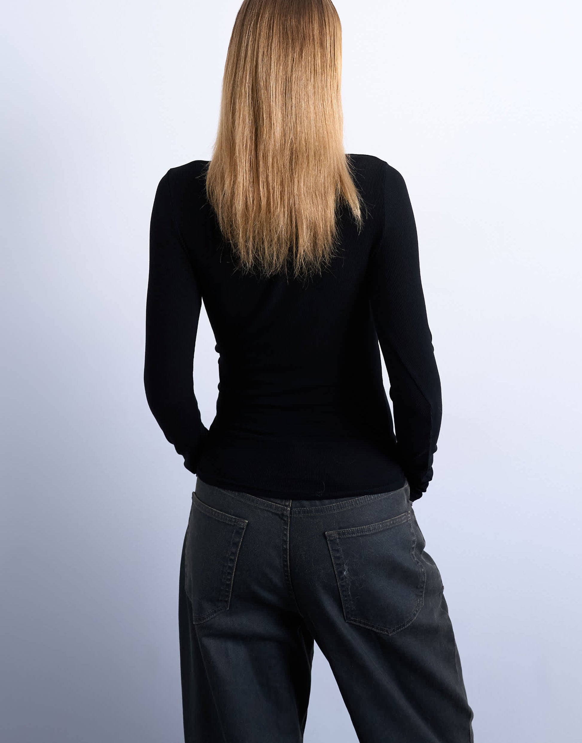 Topshop premium rib long sleeve top in black