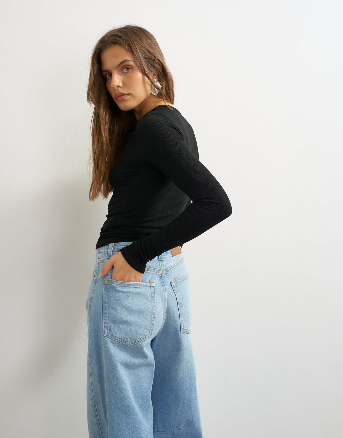 Topshop premium rib long sleeve top in black