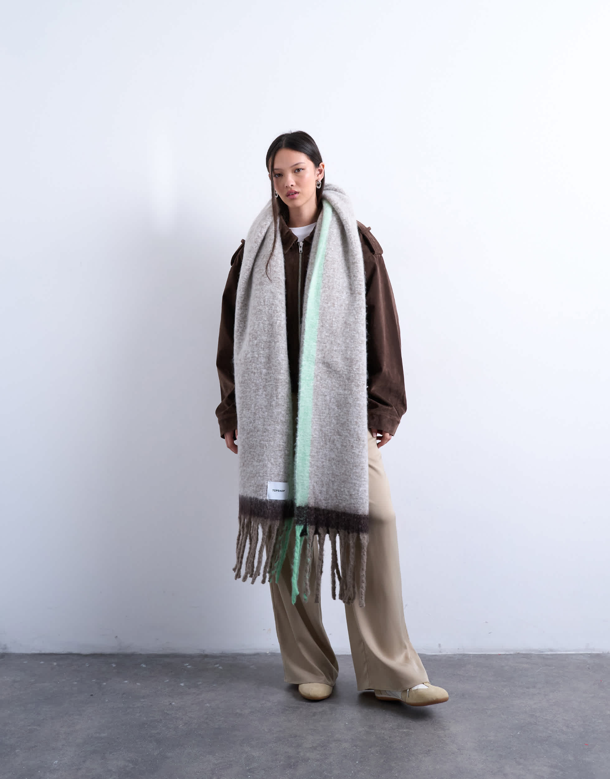 Topshop Sydney blanket scarf in chocolate and mint
