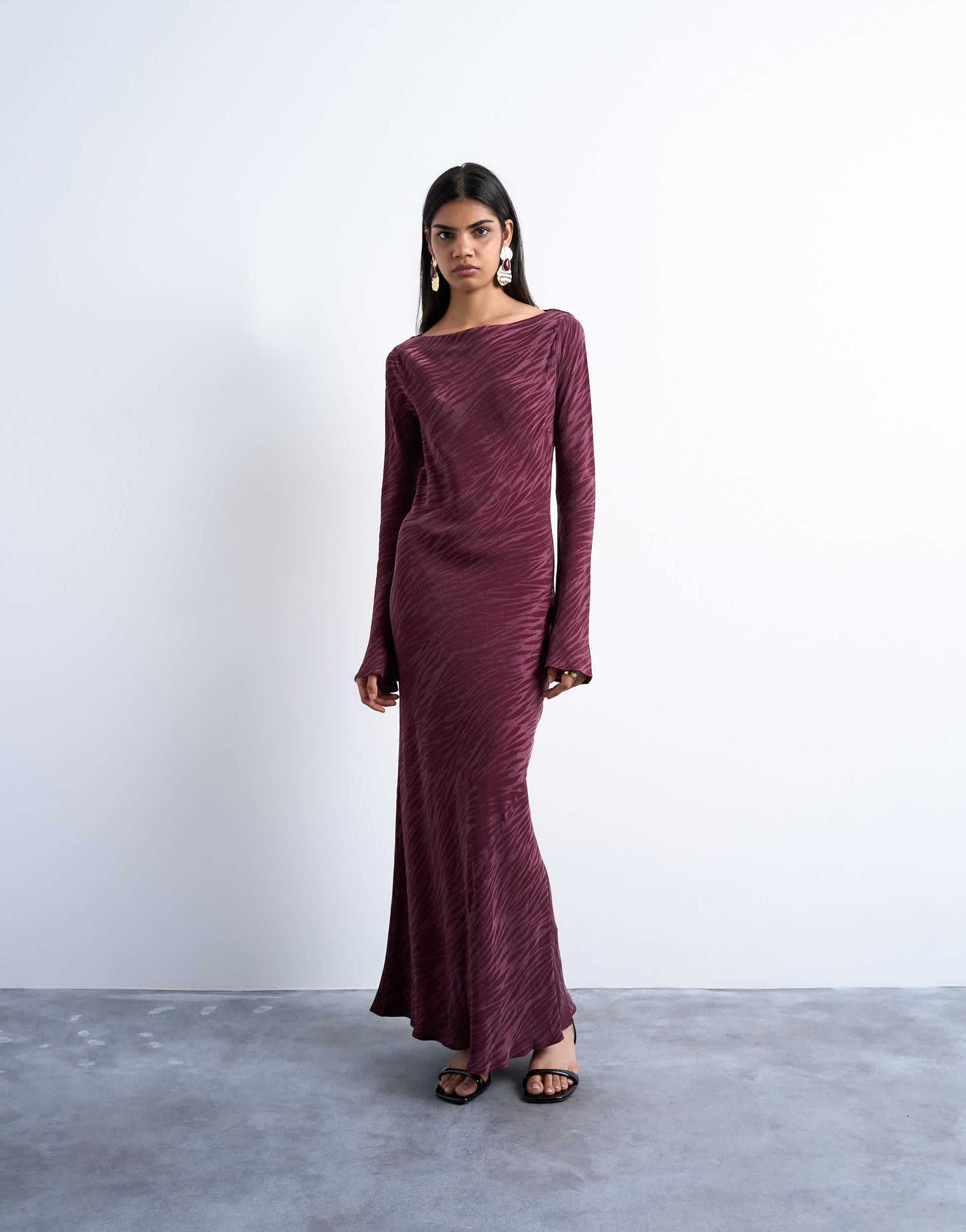 Topshop slash neck midi dress in burgundy premium cupro jacquard