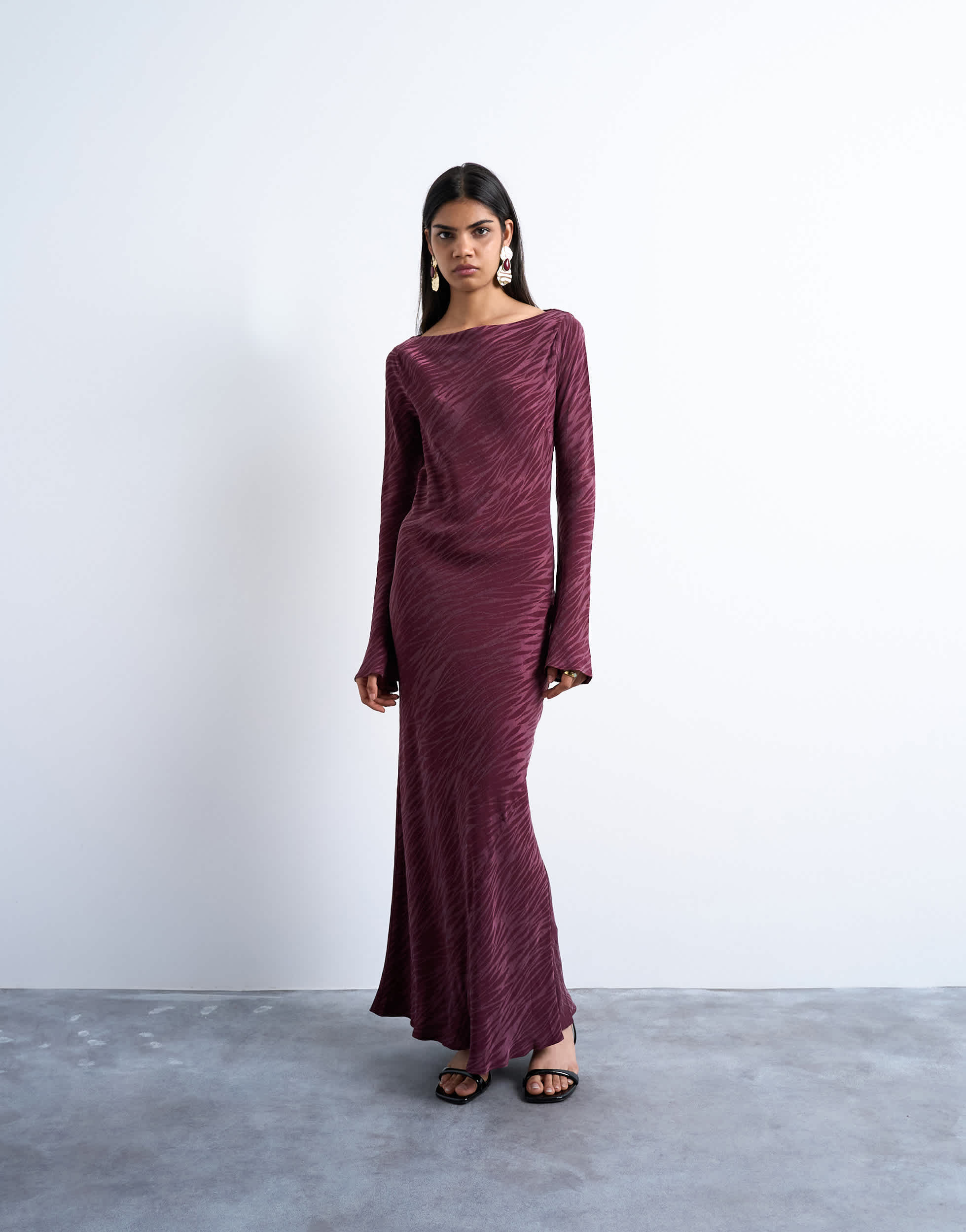 Topshop slash neck midi dress in burgundy premium cupro jacquard