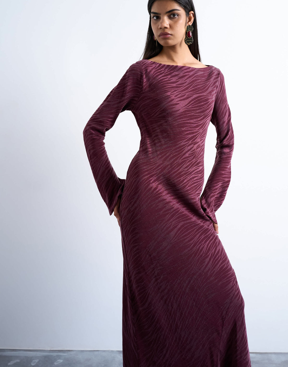 Topshop slash neck midi dress in burgundy premium cupro jacquard