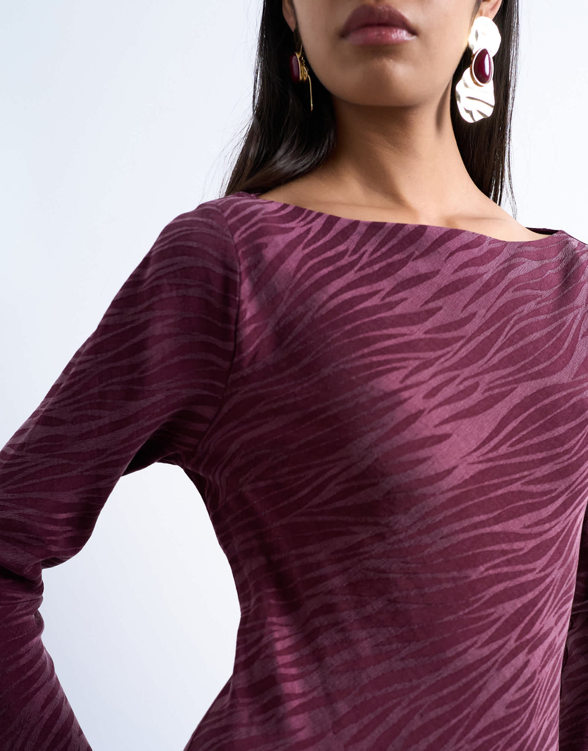 Topshop slash neck midi dress in burgundy premium cupro jacquard