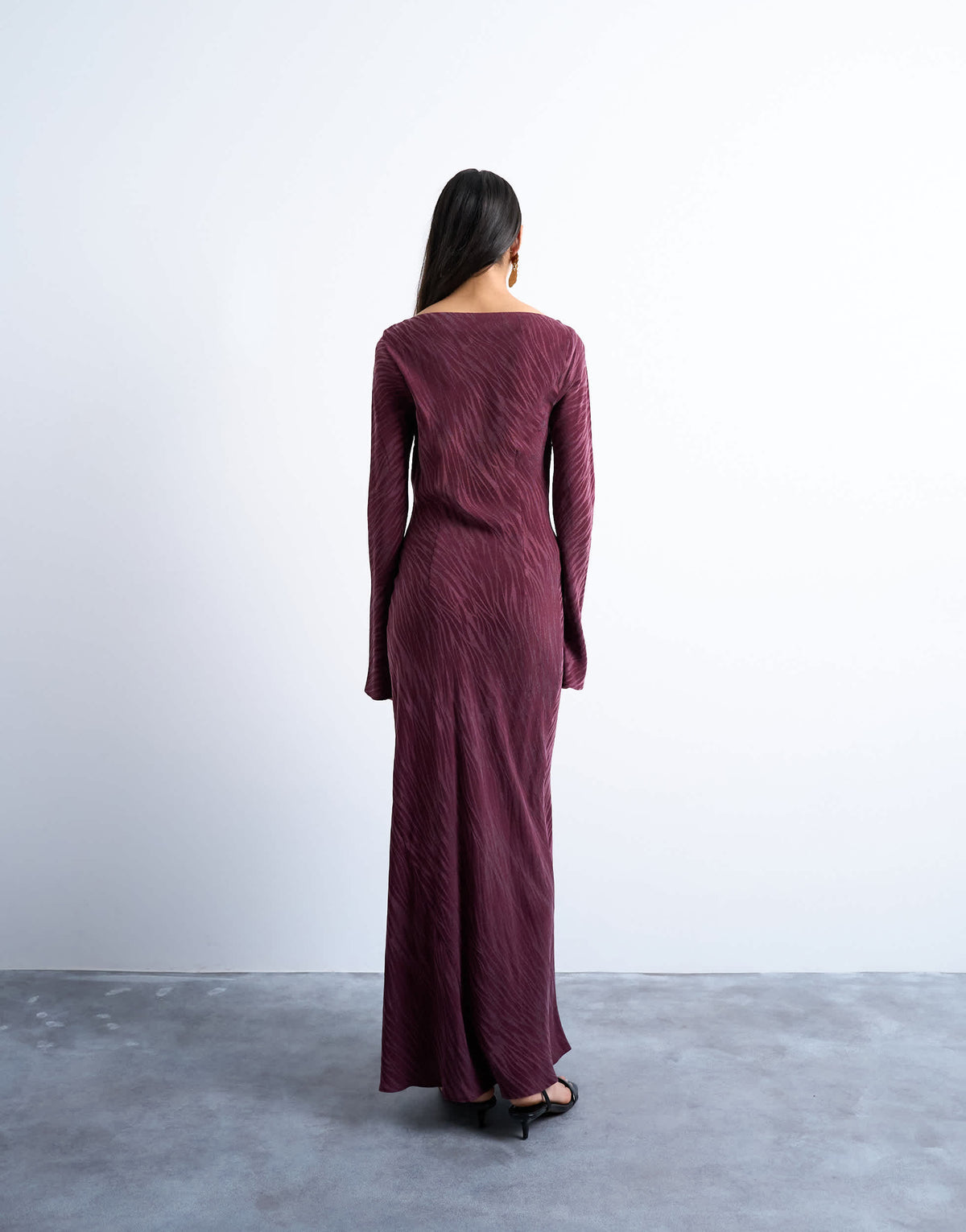 Topshop slash neck midi dress in burgundy premium cupro jacquard