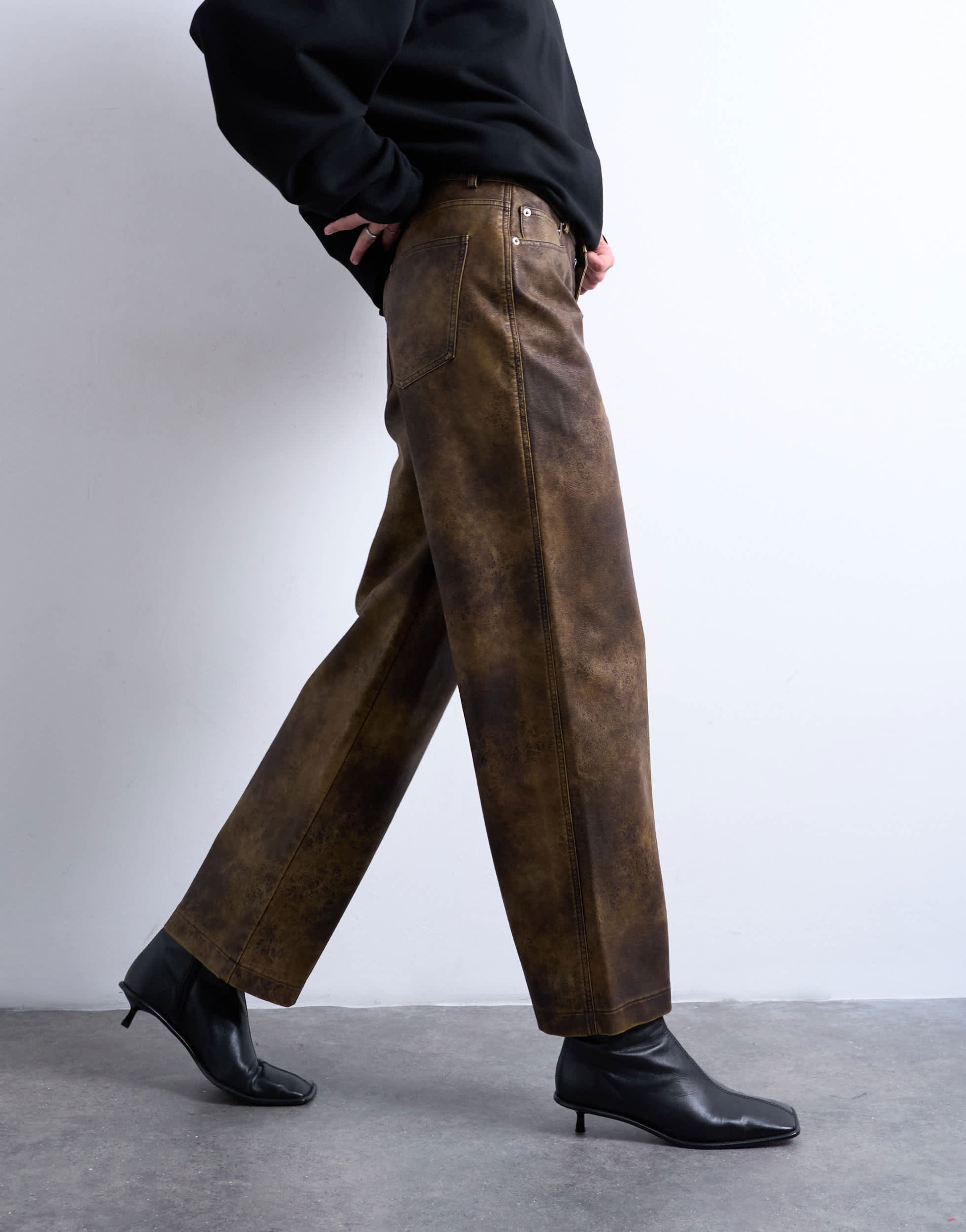 Topshop faux leather washed brown straight leg trouser in brown