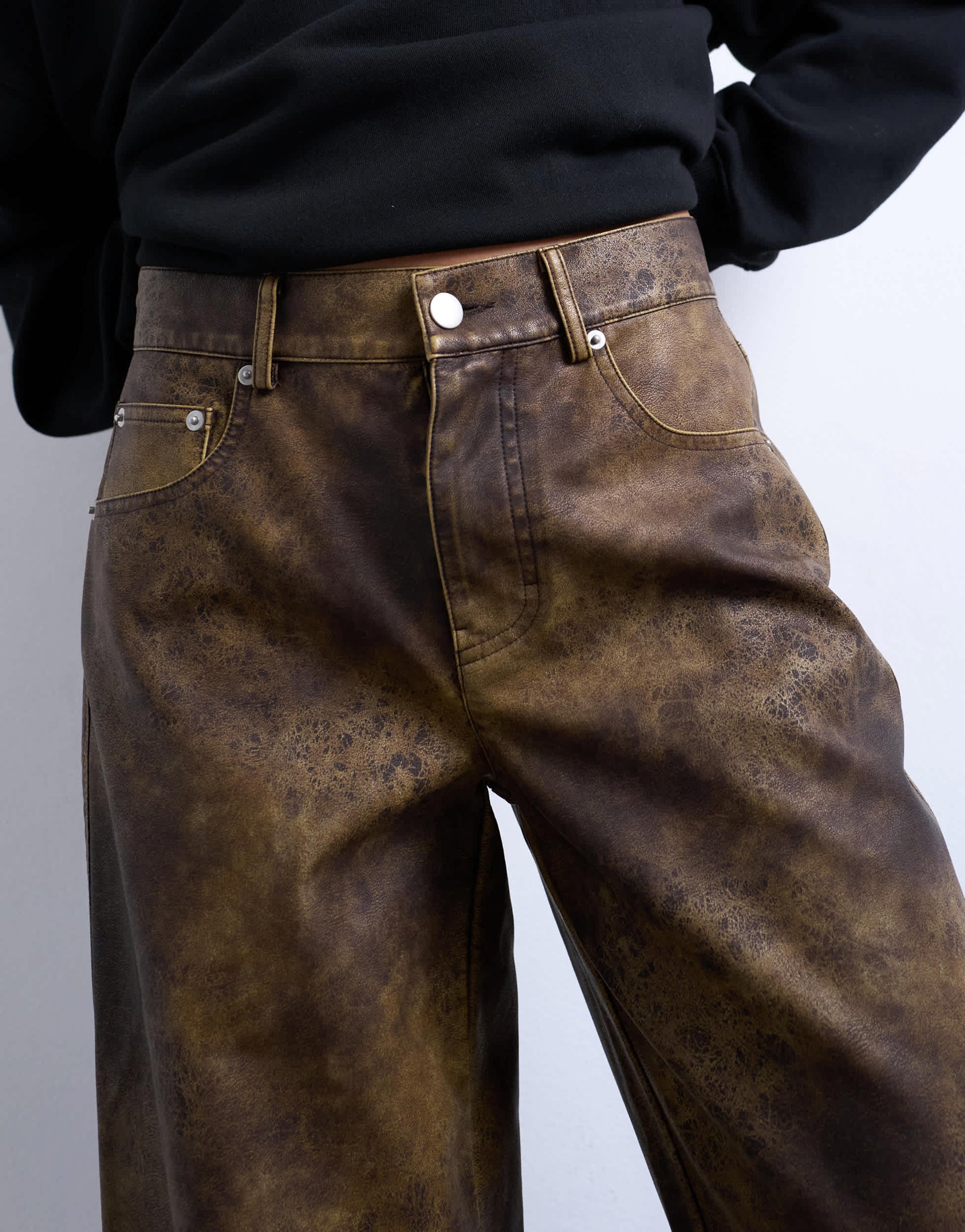 Topshop faux leather washed brown straight leg trouser in brown