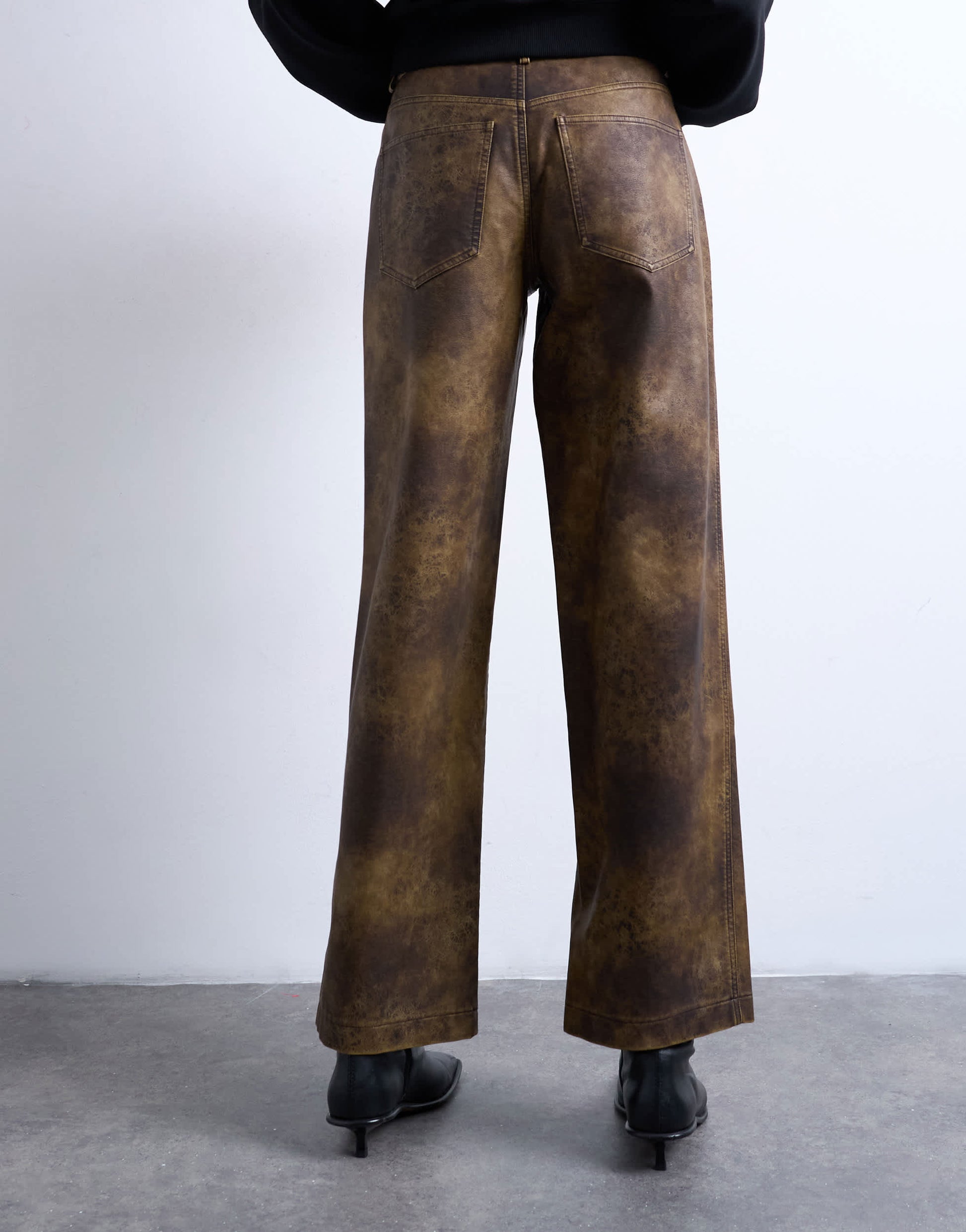 Topshop faux leather washed brown straight leg trouser in brown