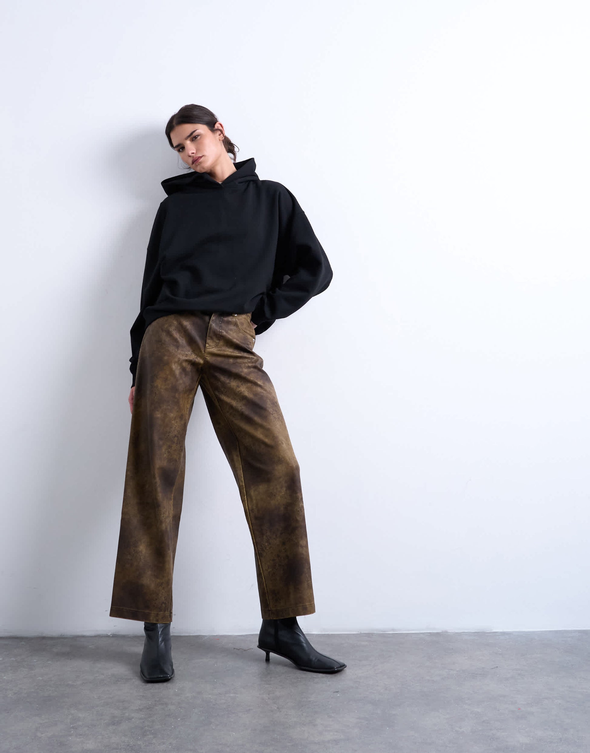 Topshop faux leather washed brown straight leg trouser in brown