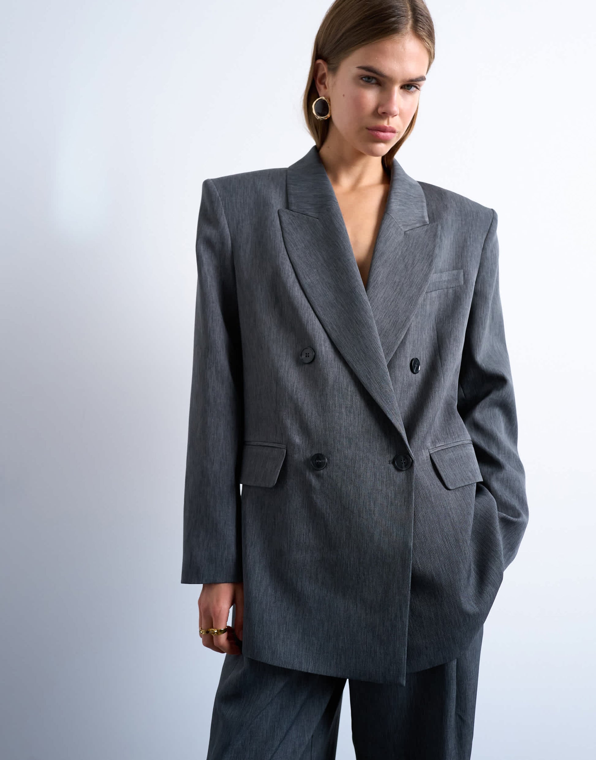 Topshop tonic 80s double breasted oversized suit blazer in grey
