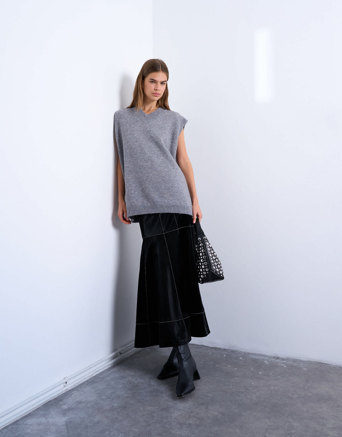 Topshop dropwaist contrast stitched PU maxi skirt in black
