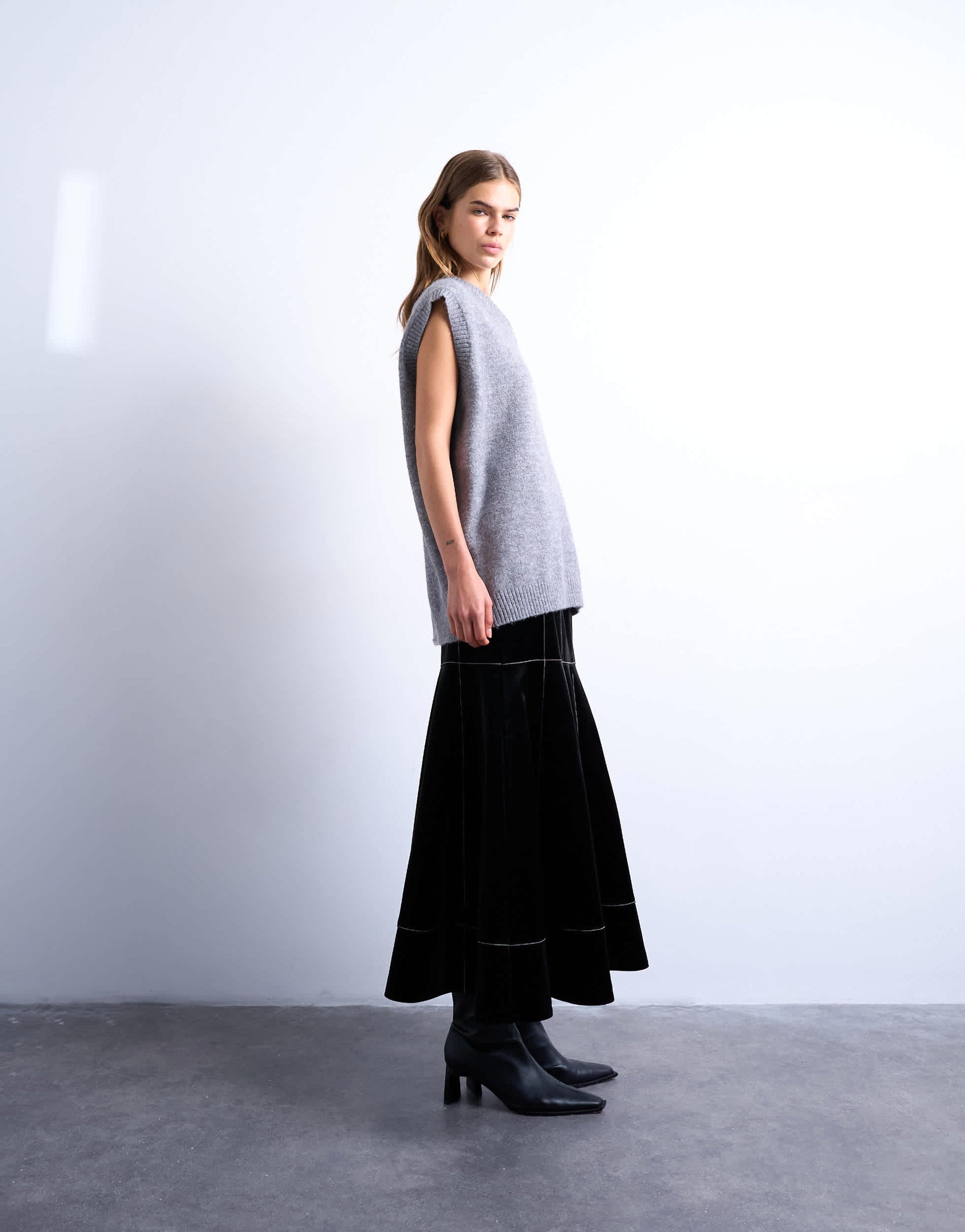 Topshop dropwaist contrast stitched PU maxi skirt in black