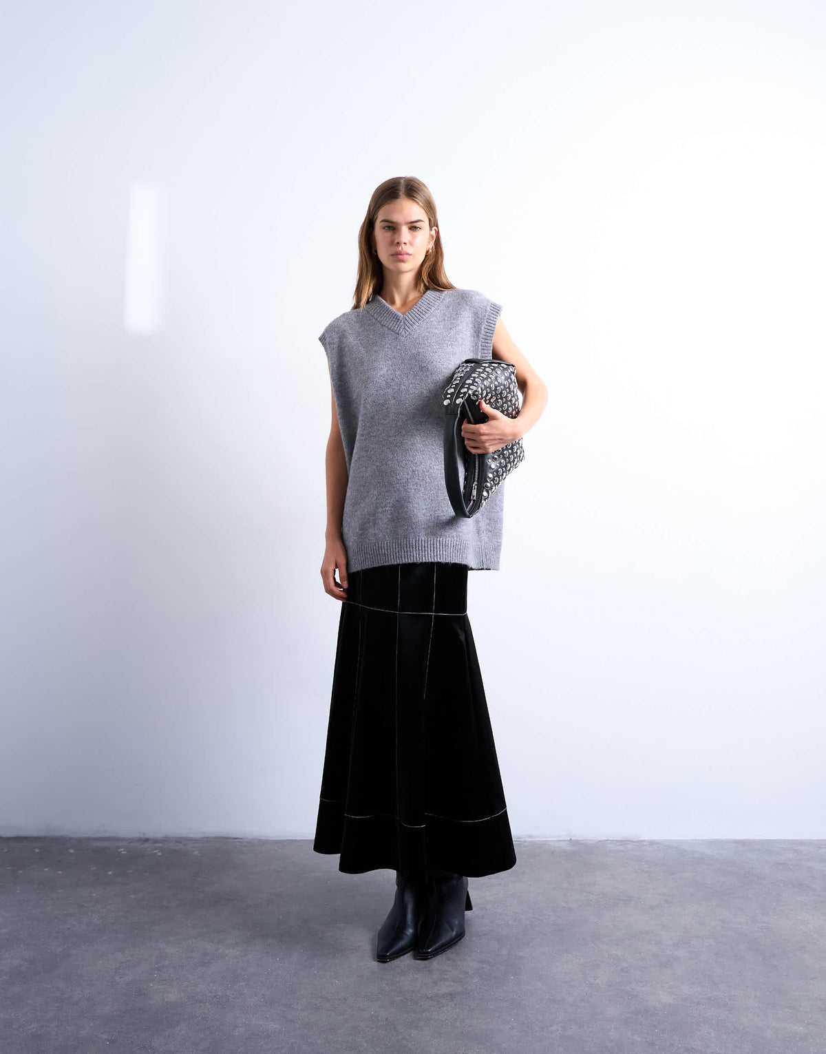Topshop dropwaist contrast stitched PU maxi skirt in black