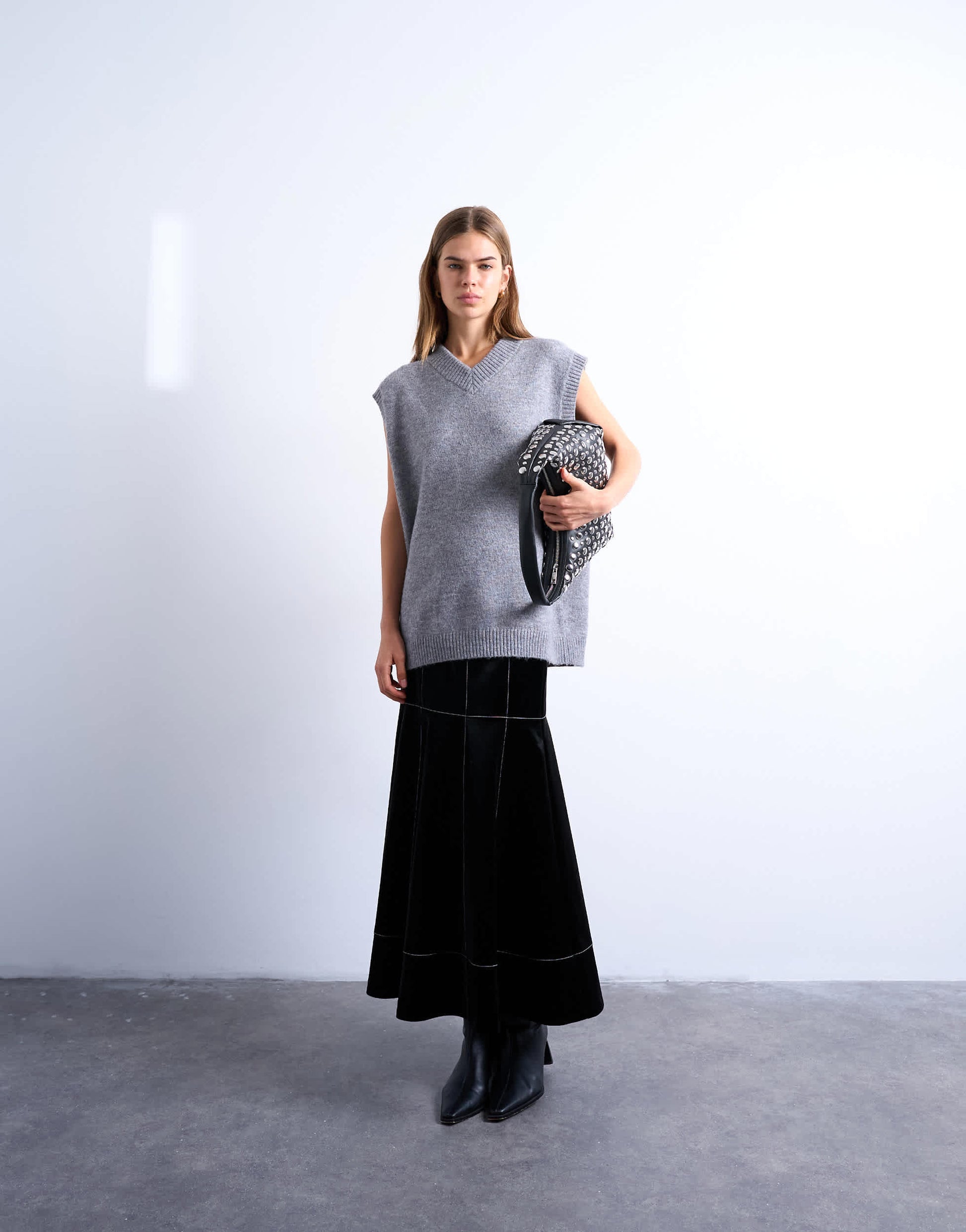 Topshop dropwaist contrast stitched PU maxi skirt in black